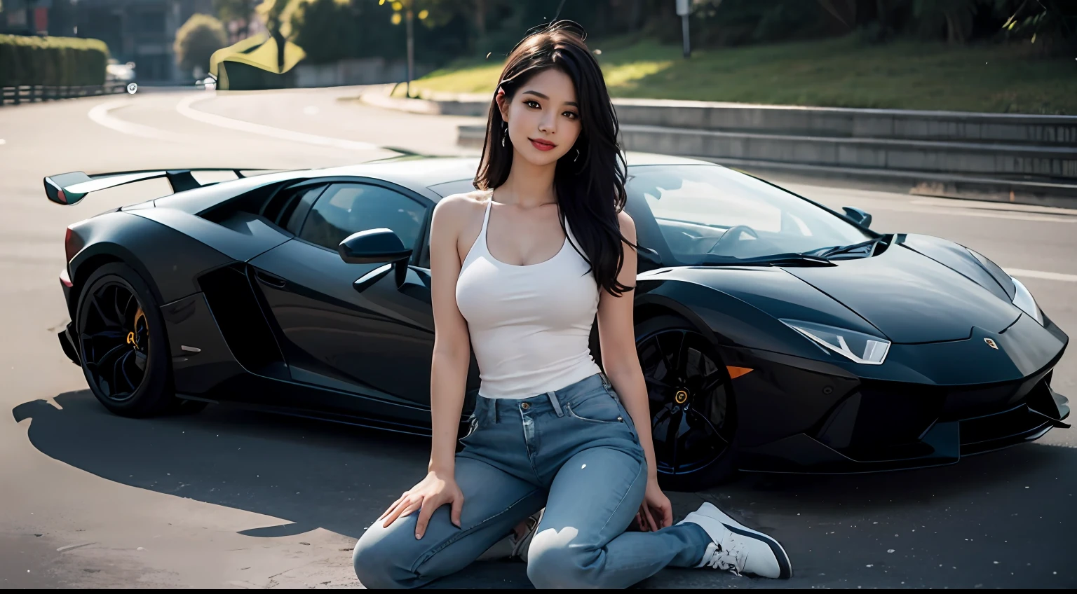 ((full - body):1.5)(({Only one woman}:1.2):{(((Wear jeans,White clothes,Wear AK sneakers)1.2),((Long black hair that falls to the shoulders,shiny glistening eyes)1.3),((Strike sexy poses in front of a Lamborghini,Smile with,face details sharp):1.3),(((Medium breasts):1.2)}, \n (({In front of Lamborghini,Morning):1.3), , 16k, ((best qulity, high detaild):1.4), The Masterpiece, Ultra HDR