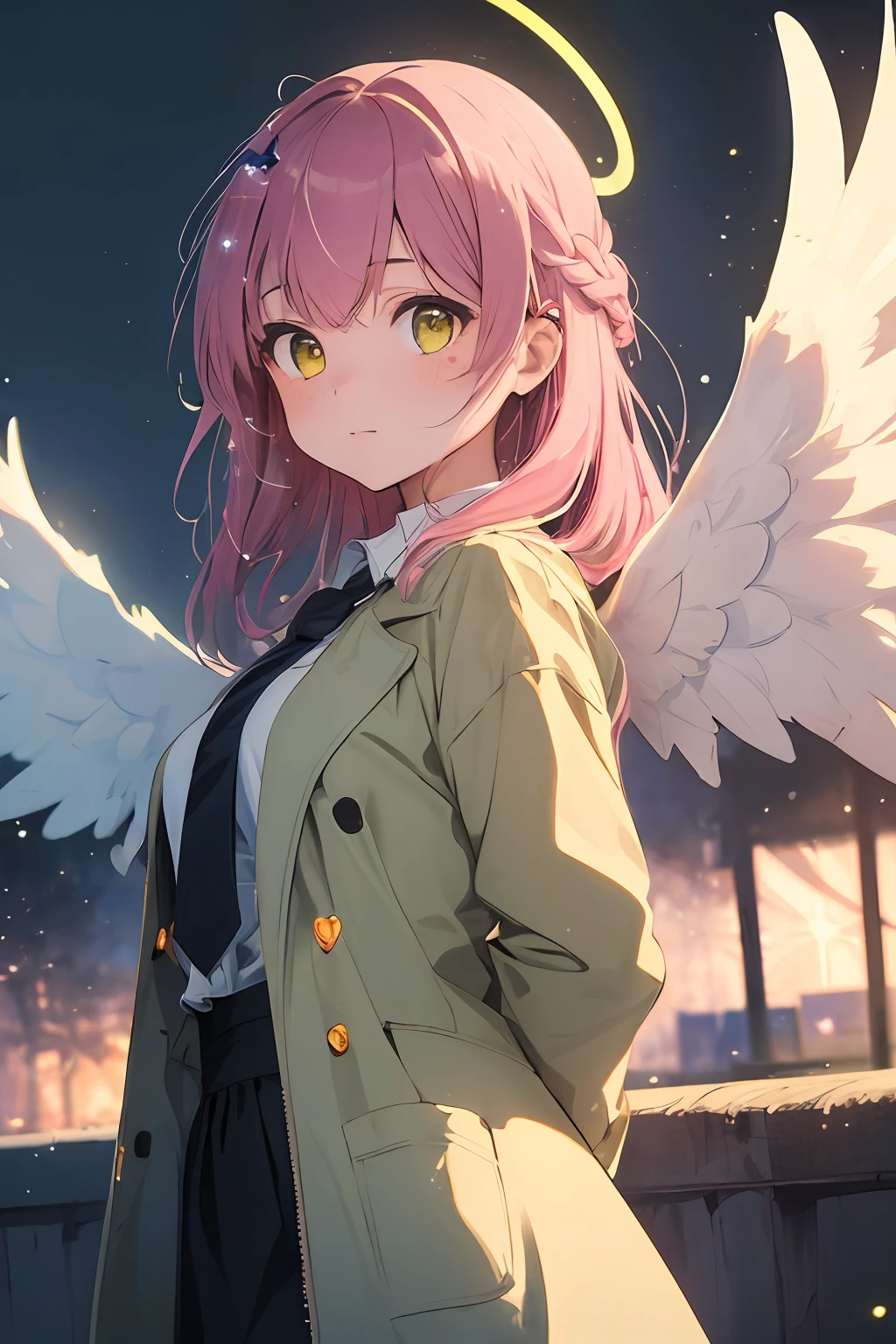 (masterpiece, best quality:1.9), (ultra-detailed:1.3), official art, (zentangle, mandala, tangle, entangle:0.6), 1girl, solo, (pink hair, messy hair, long hair), (angel wings, angel halo), large breasts, (emo punk synthwave:1), yellow eyes, (white shirt, black necktie, green striped coat, open coat), cowboy shot, cinematic lighting, (((glowing light particles))), (arms behind back), dynamic angle,
