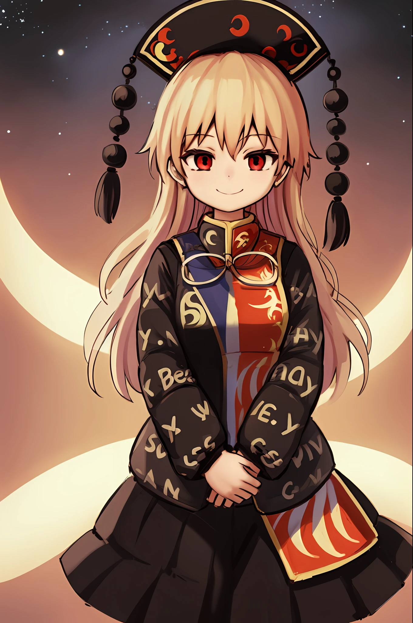 1girl, solo, junko \(touhou\), long hair, blonde hair, red eyes, black headwear,, long sleeves, tabard, smile, looking at viewer, standing, spread arms, spectral tails, purple fire, space, stars 
dripjacket
own hands together