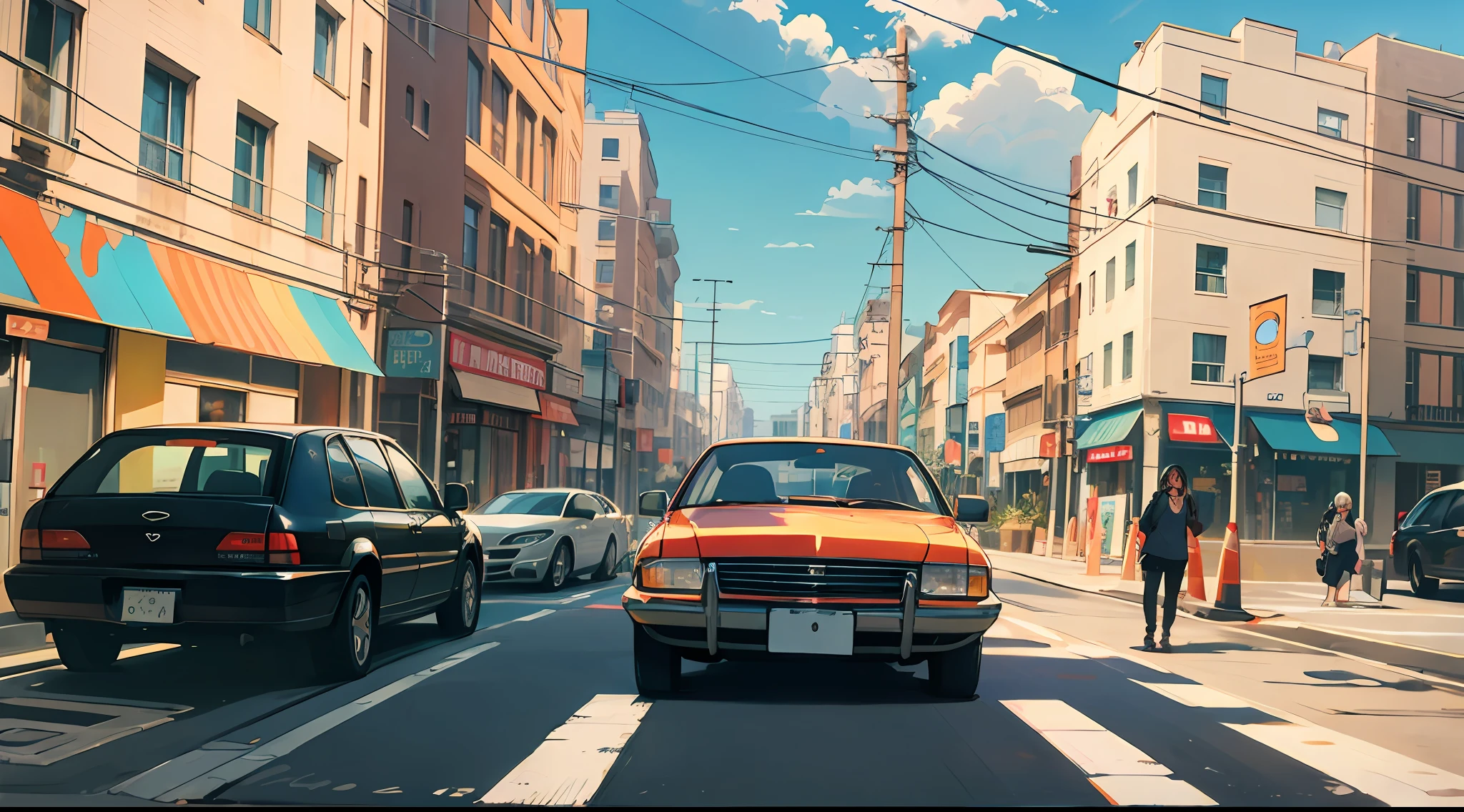 A street painting with a car parked on the side of the road with a building in the background