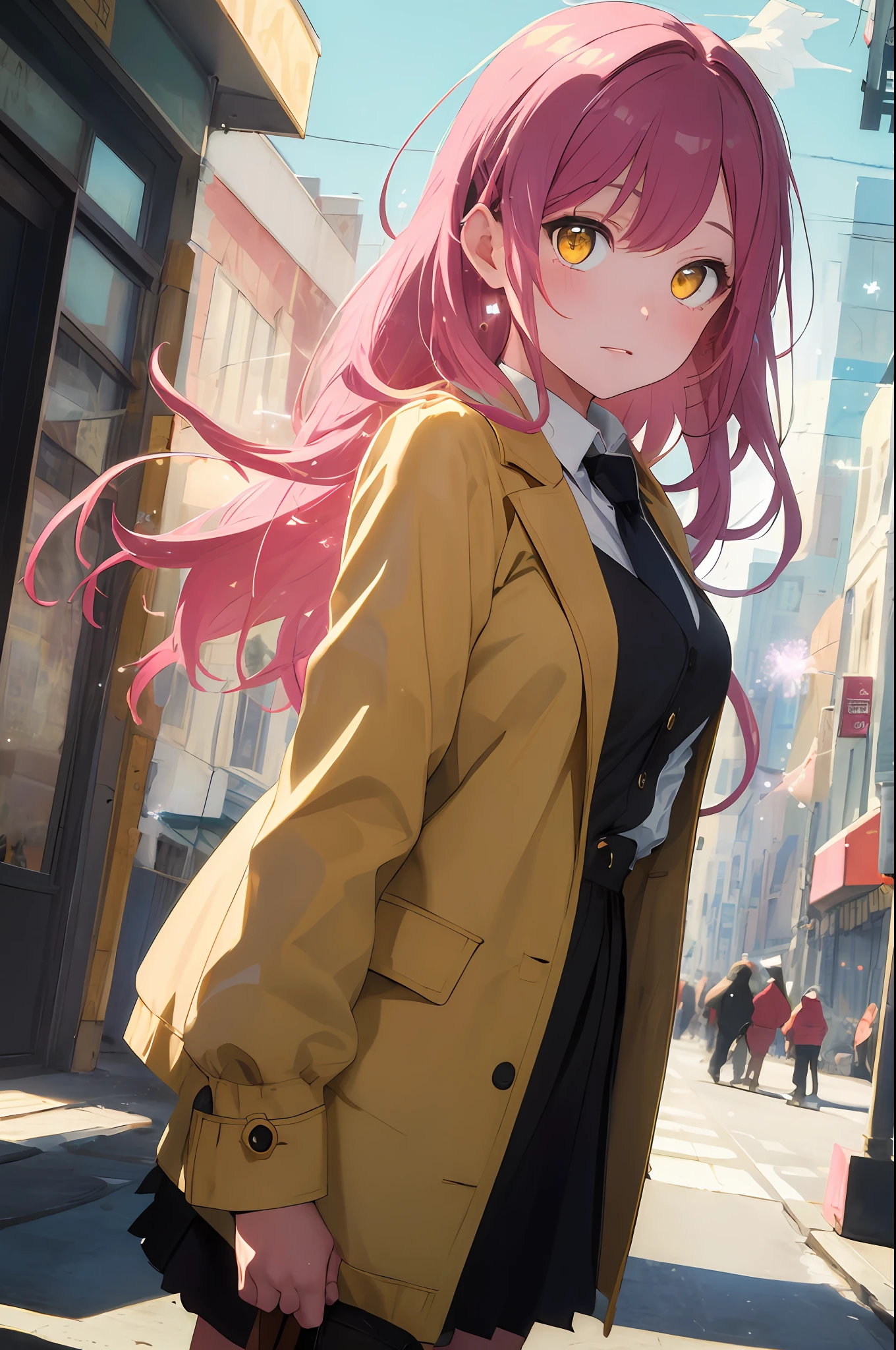 (masterpiece, best quality:1.9), (ultra-detailed:1.3), official art, (zentangle, mandala, tangle, entangle:0.6), 1girl, solo, (pink hair, messy hair, long hair), (angel wings, angel halo), large breasts, (emo punk synthwave:1), yellow eyes, (white shirt, black necktie, green striped coat, open coat), cowboy shot, cinematic lighting, (((glowing light particles))), (arms behind back), dynamic angle,