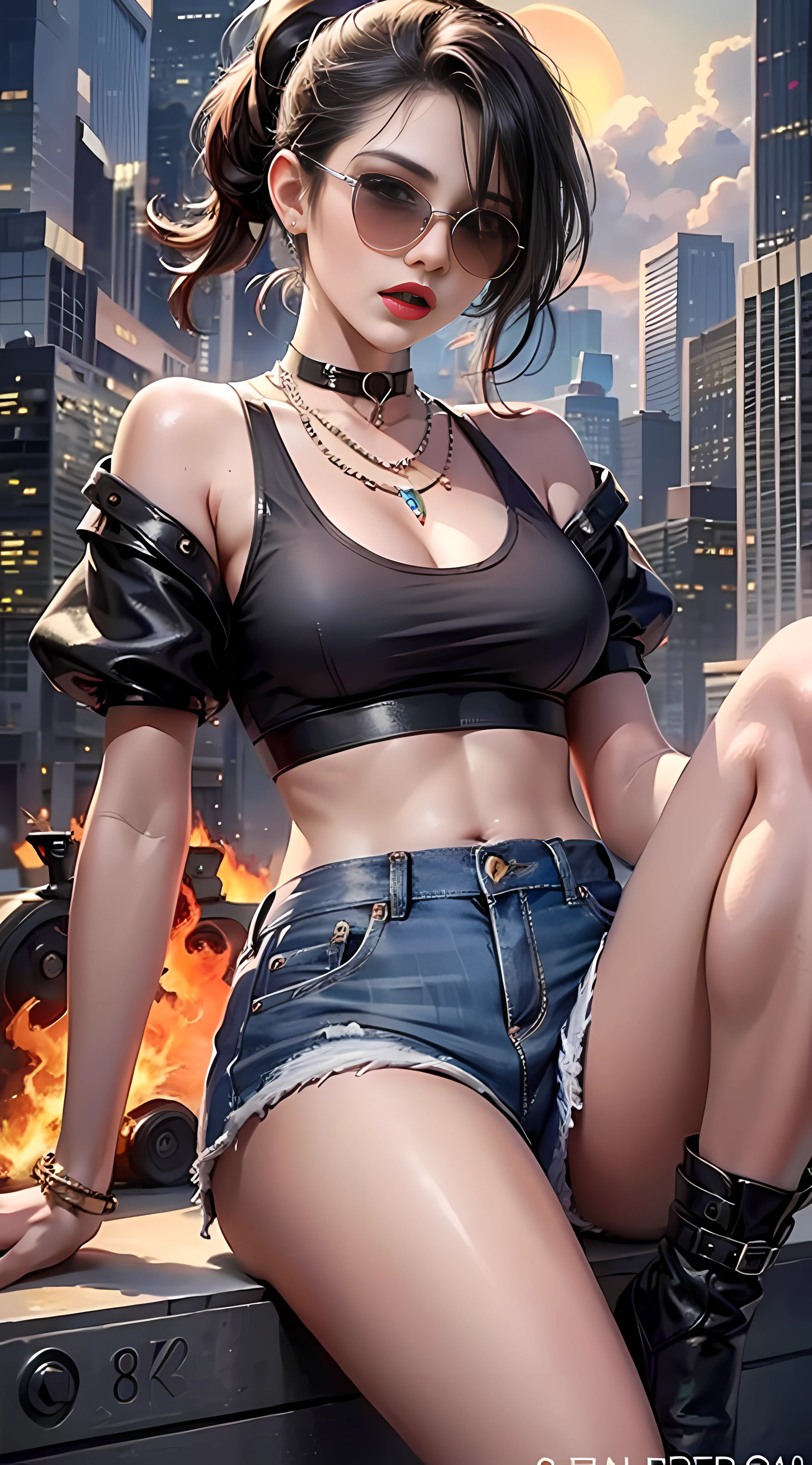 Ultra high quality,8K,gal girl,Sexy and feminine, high and cold,Enchanting,The head proportions are perfect,Black gray high ponytail,Wear a T-shirt, high-waisted shorts,Flaming red lips,Swan neck,neck chains,the sun is shining wide shot,With sunglasses
