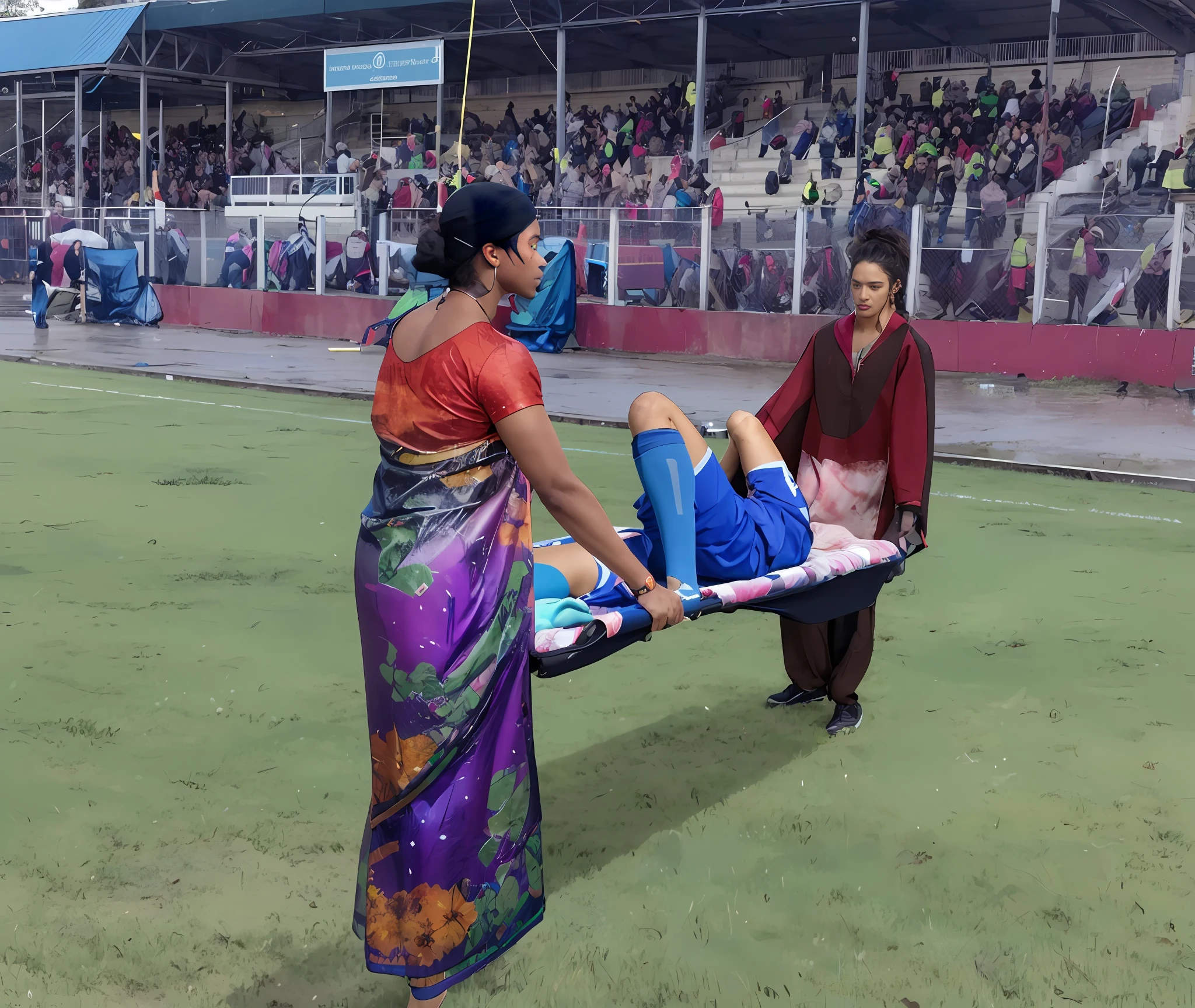 There is a man lying on a stretcher with his hands crossed over his face, a man in a t-shirt and sports shorts has crossed his hands over his face, the man has an agonised face under his hands, two longhairedponytailed women that are wearing very shiny coats, there are longhaired women wearing laquered puffy coats, longhaired women are walking in wetlook puffy coats, several women walking around a football field with an injured athlete on a stretcher, the injured athlete on the stretcher covers his face with both hands, the women look very worried, behind the women there is a frightening atmosphere, there is heavy rainfall in the background, video still, behind the scenes, Malika Favre, screenshot, footage, 4 0 9 6, cover photo, aesthetic shot, dramatic mood, intense scene, Making of, Mongezi Ncaphayi, Thriller atmosphere, Filming, Edited