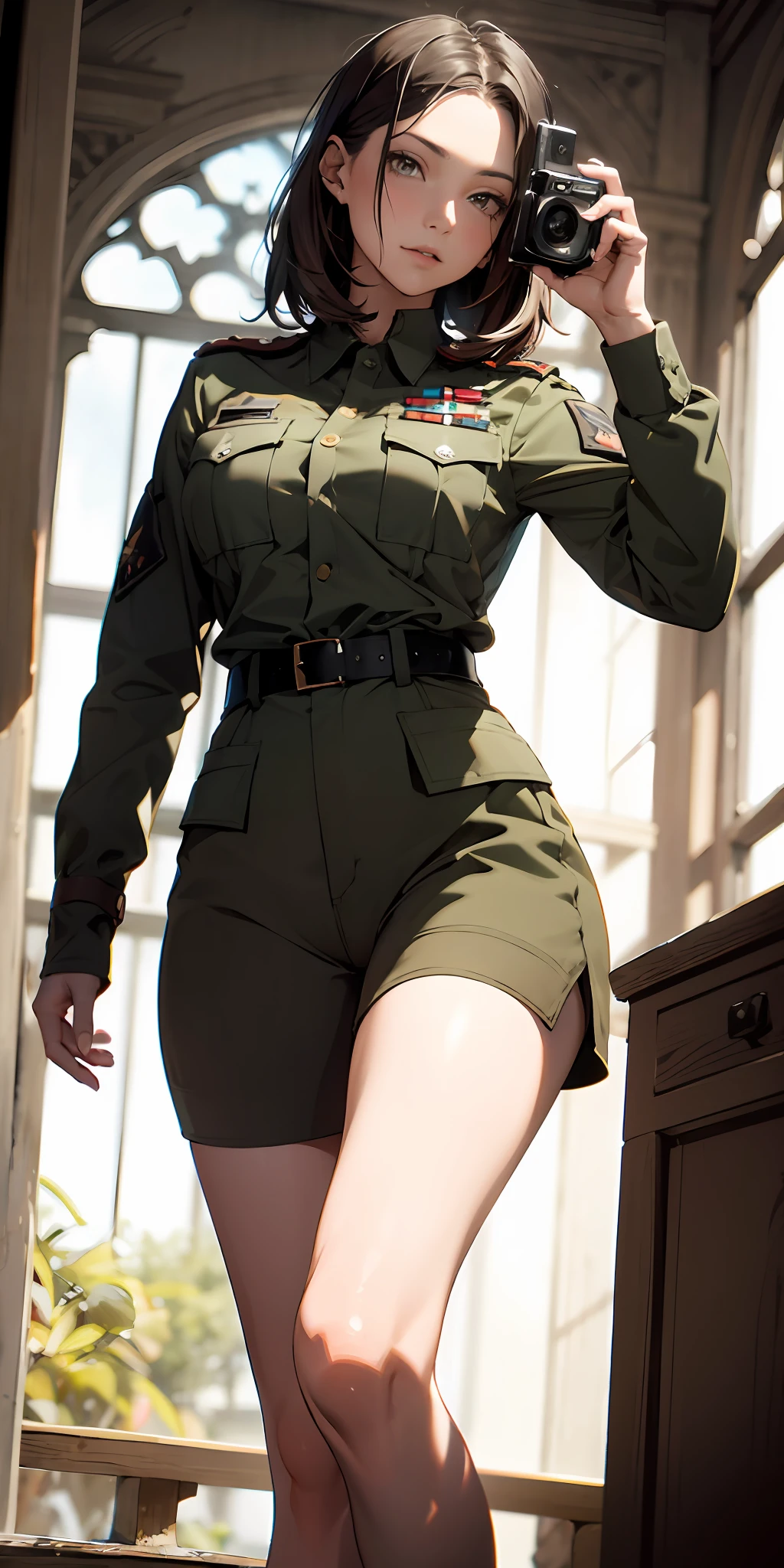 absurd resolution, Highresolution, (obra-prima:1.4), ultra-detalhada, 1Menina, em uniforme militar da segunda guerra mundial, campo de batalha,Pose sexy, camera perto do corpo