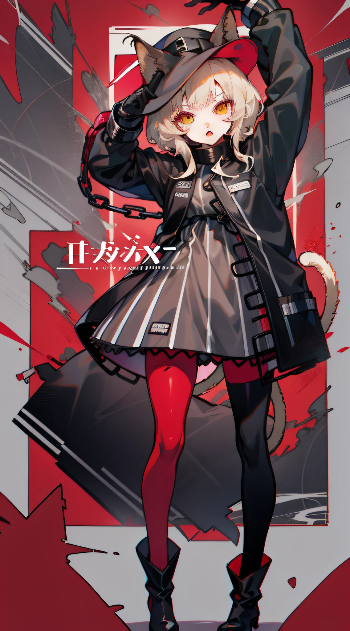 origin, 1girls, 独奏, arm up, chain, book, Cat tail, Long sleeves, look viewer, Pantyhose, artistname, Black gloves, red pantyhose,  boots, mitts, Dress, Black footwear, Standing, Black dress