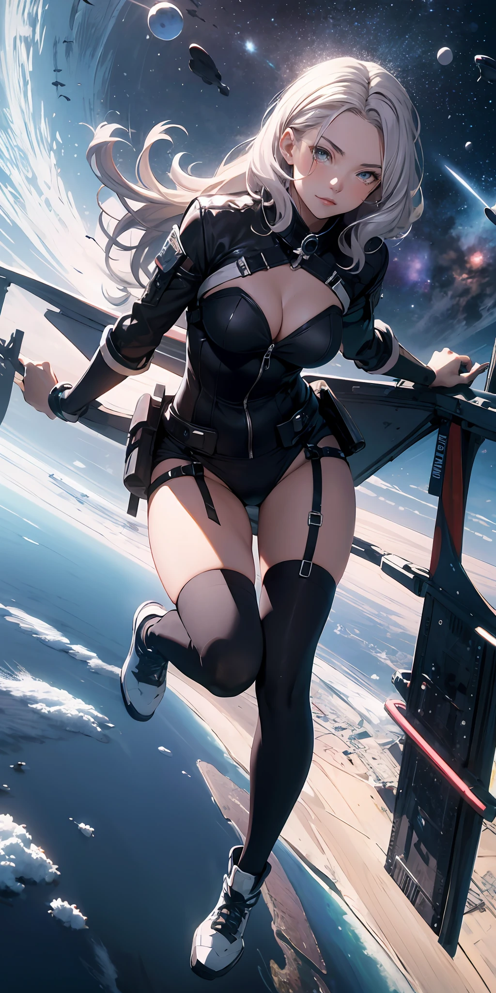 absurd res, high res, (masterpiece:1.4), ultra-detailed, 1girl, from above, space, floating