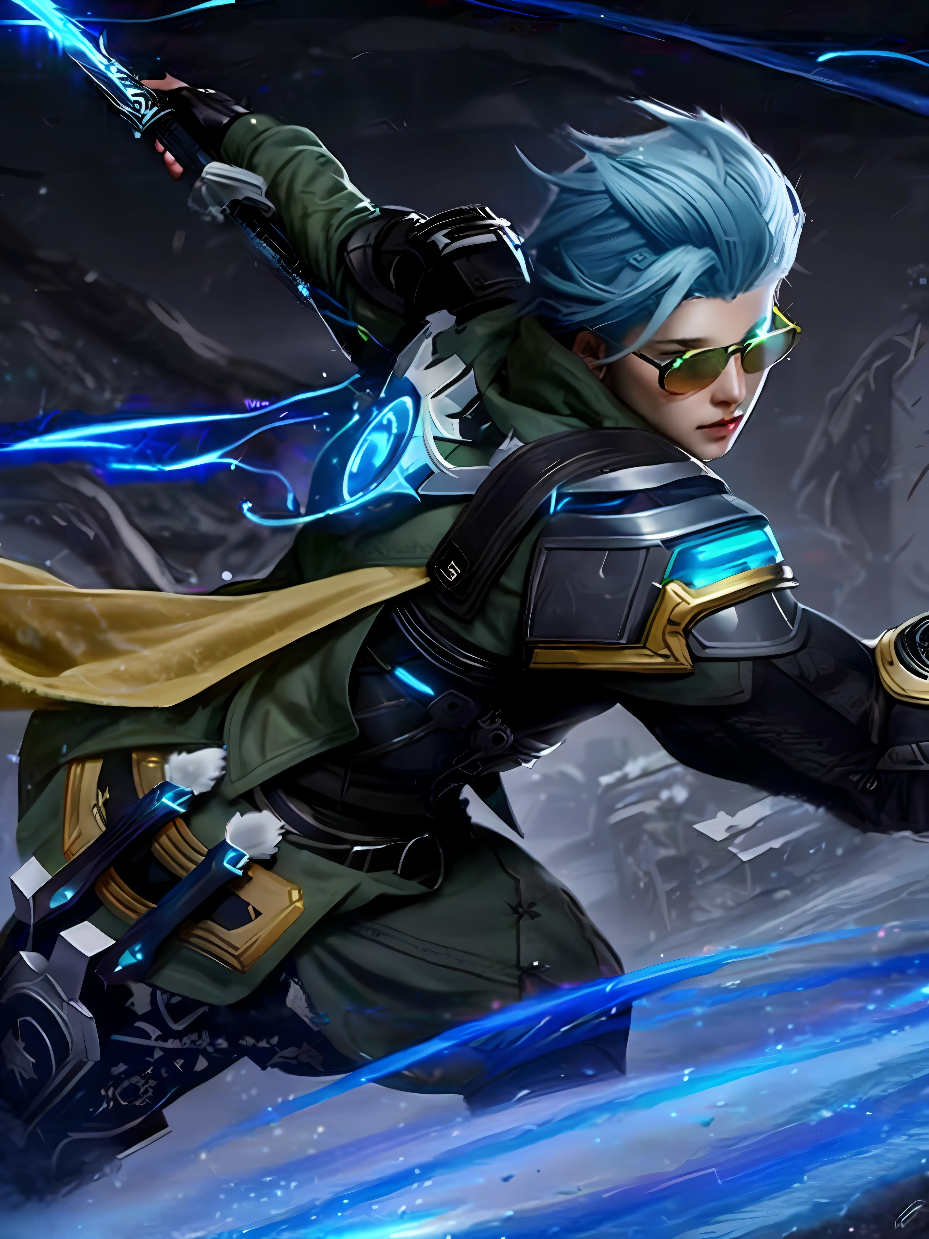 a close up of a person with a sword and a cape, tane skin, riven, olchas logan cure liang xing, inspired by Huang Shen, astri lohne, heise jinyao, cyber cop with blue hair, with glasses, 4K, HD, Ultra Realistic, Hyper realistic, extremely detailed