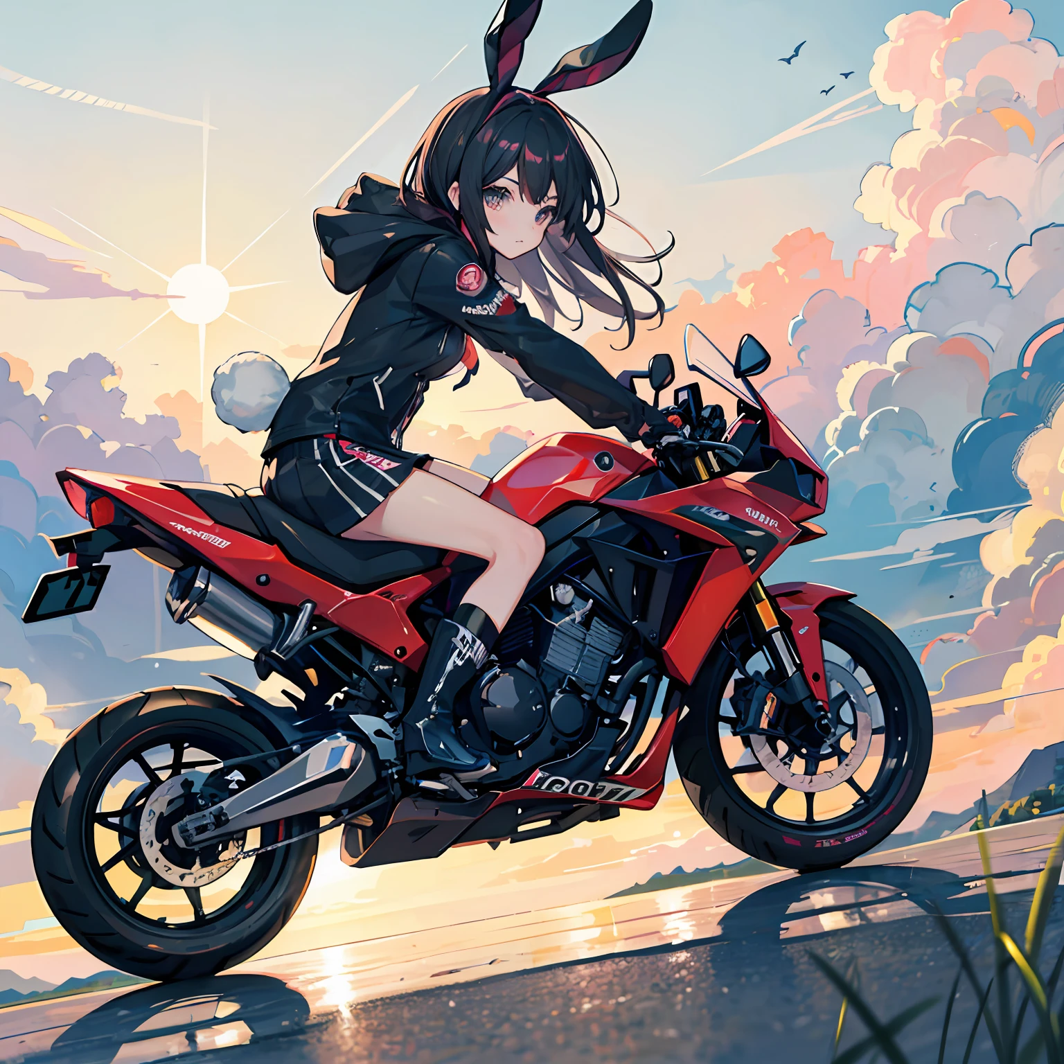 Rabbit-eared girl　Riding a cute little motorcycle　Horizon　roads　wind blow　The sun is dazzling