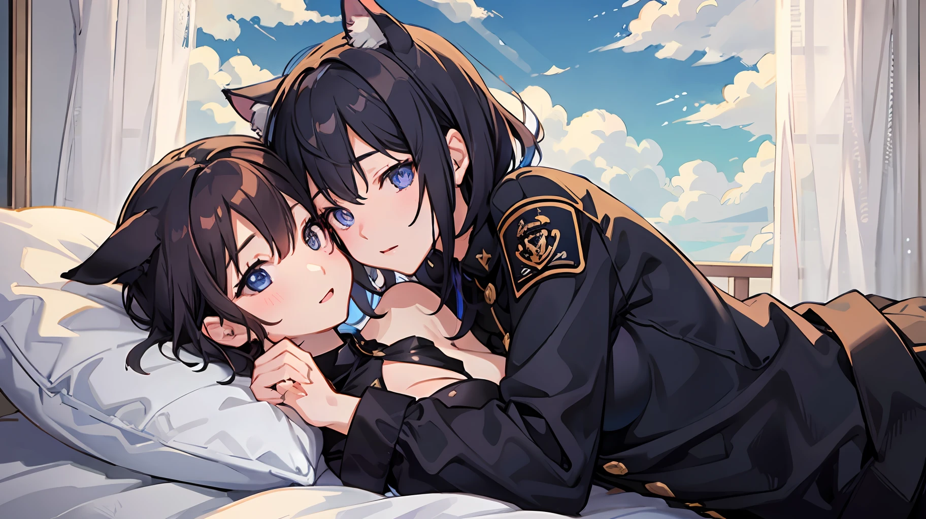 2 girls、 {{masterece-piece}}, {{{best qualiy}}}, {{Ultra Verbose}}, , Short Hair,Purple eyes,navy hair、military outfit、Lie down and hug each other、{{masterece-piece}}, short wavy hair, Black Hair, black cat ear, Blue eyes、military outfit、Lie down and hug each other、Background on bed