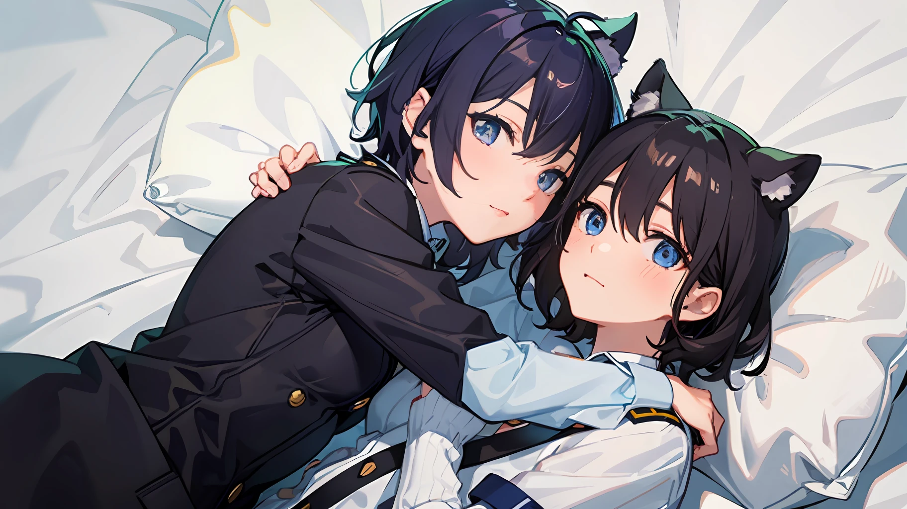 2 girls、 {{masterece-piece}}, {{{best qualiy}}}, {{Ultra Verbose}}, , Short Hair,Purple eyes,navy hair、military outfit、Lie down and hug each other、{{masterece-piece}}, short wavy hair, Black Hair, black cat ear, Blue eyes、military outfit、Lie down and hug each other、Background on bed