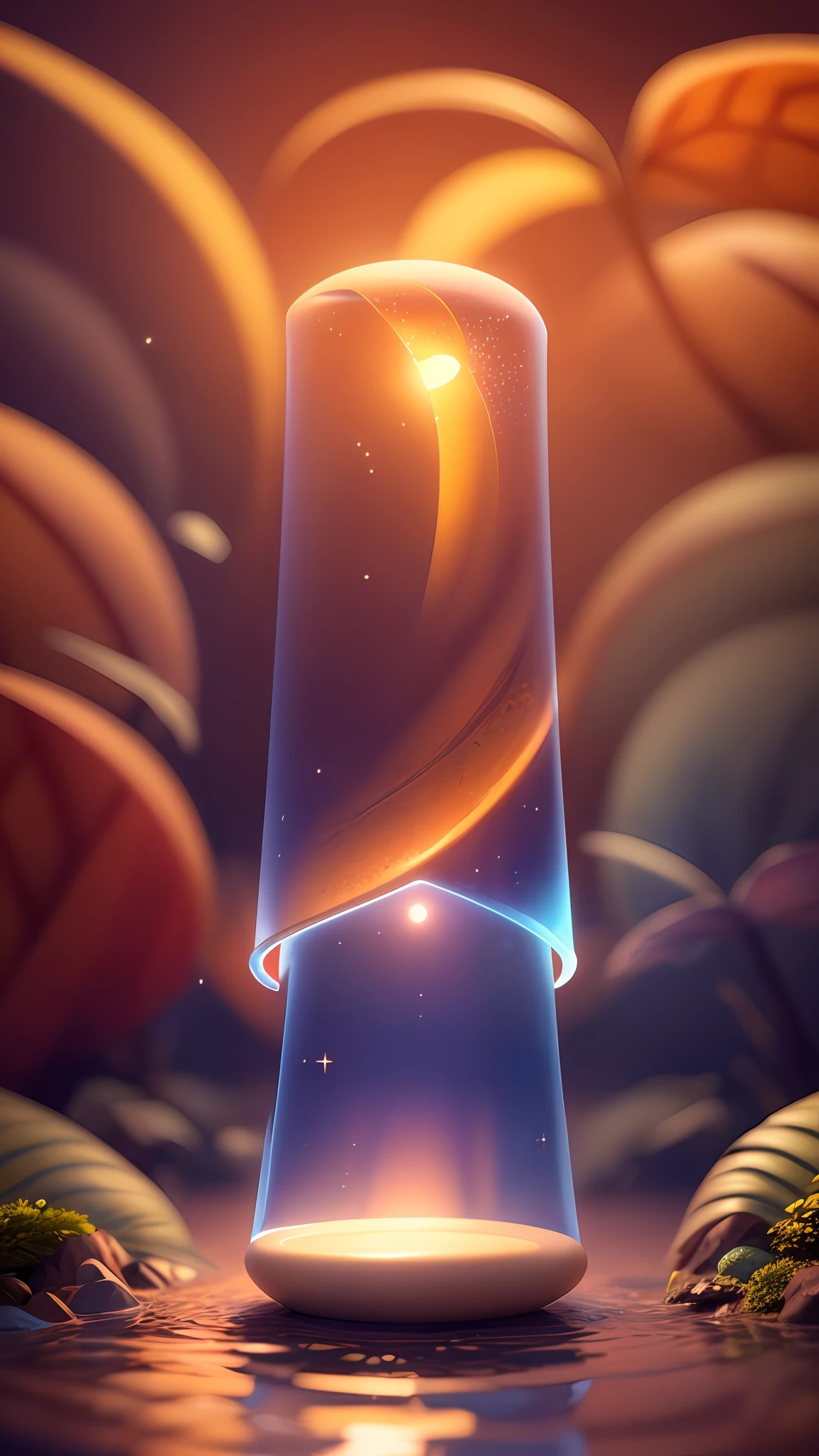 masterpiece,((clean glass,shine:1.2,(transparent:1.1),gloss)), best quality,( Pixar - style :1.4), (In a cave, at night, surrounded by glowing plants, flowers, flying fireflies, bonfires), (Ultra detailed, aesthetic, beautiful composition, rich bright colors, volumetric soft light). 4k,reflection in the water,water ripple Inspired by Alice in Wonderland, magic, fairy tales. unreal Engine, octane render, cuteness render, 3d rendering, Adobe Photoshop, awe inspiring, beautiful