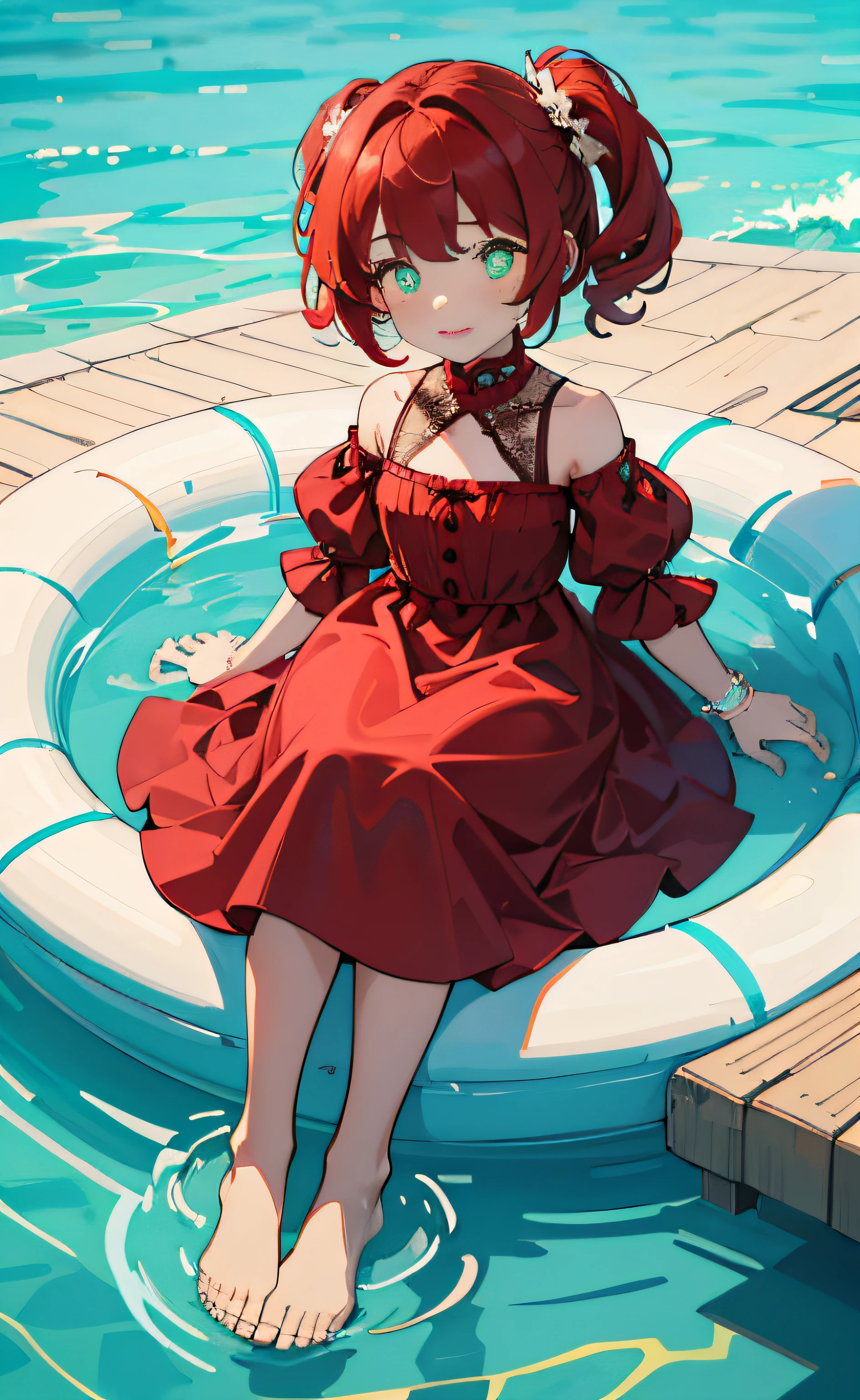 8K，best qulity，The Masterpiece，1 cute  girl ，Black pupils，red tinted hair，Natural volumes，shorter hair，A-line big red dress，Cute puff sleeves，Lovely lace edges，Children's figure，Thin ankles，Barefoot，Turquoise pool background，Cute swimming ring，Welcoming summer atmosphere，relaxed，colourful，Normal hands，Delicate fingers