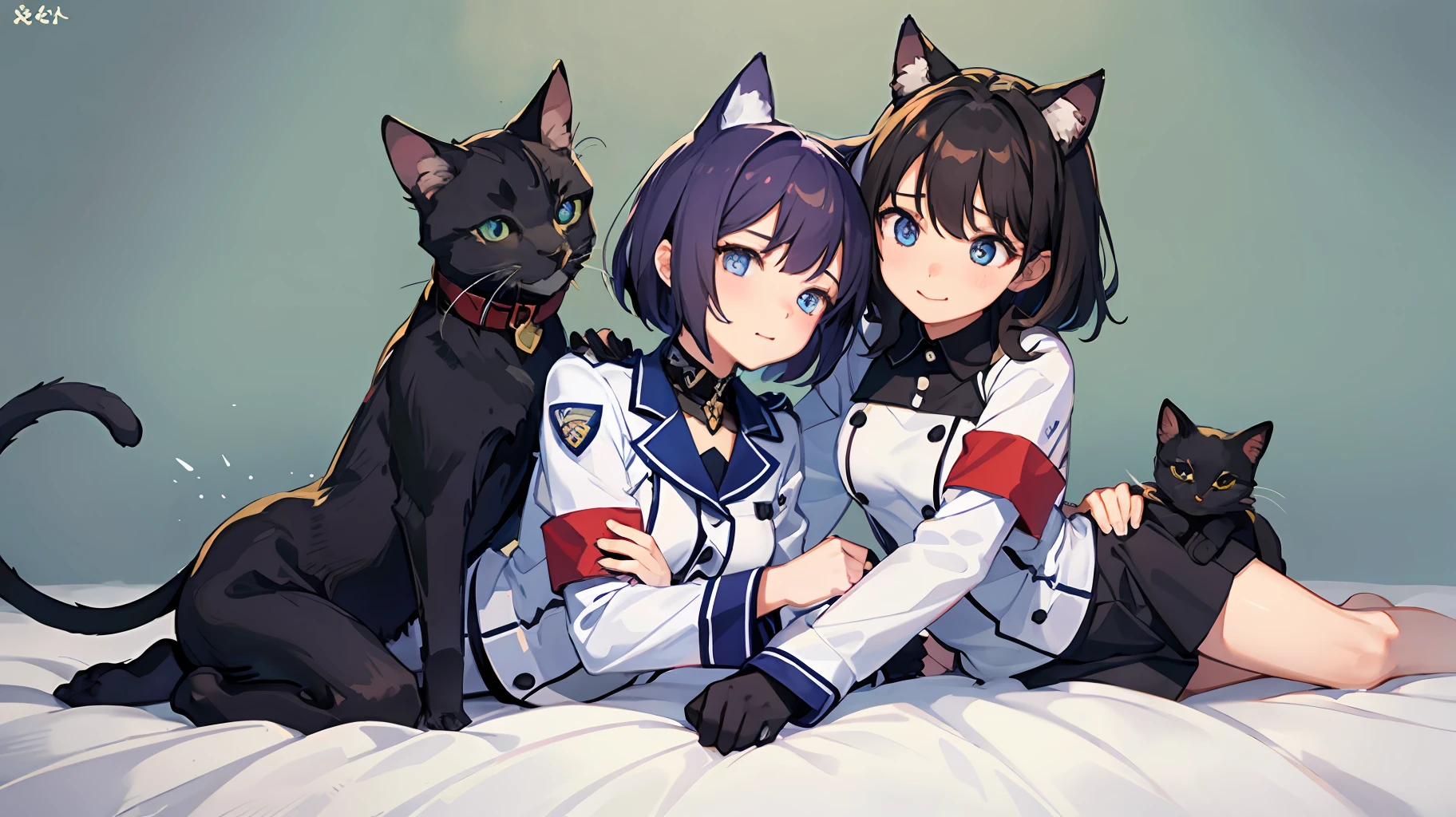 2 girls、 {{masterece-piece}}, {{{best qualiy}}}, {{Ultra Verbose}}, , Short Hair,Purple eyes,navy hair、military outfit、Lie down and hug each other、{{masterece-piece}}, short wavy hair, Black Hair, black cat ear, Blue eyes、military outfit、Lie down and hug each other、Background on bed