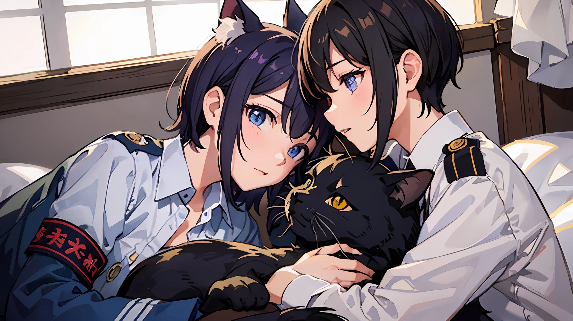 2 girls、 {{masterece-piece}}, {{{best qualiy}}}, {{Ultra Verbose}}, , Short Hair,Purple eyes,navy hair、military outfit、Lie down and hug each other、{{masterece-piece}}, short wavy hair, Black Hair, black cat ear, Blue eyes、military outfit、Lie down and hug each other、Background on bed
