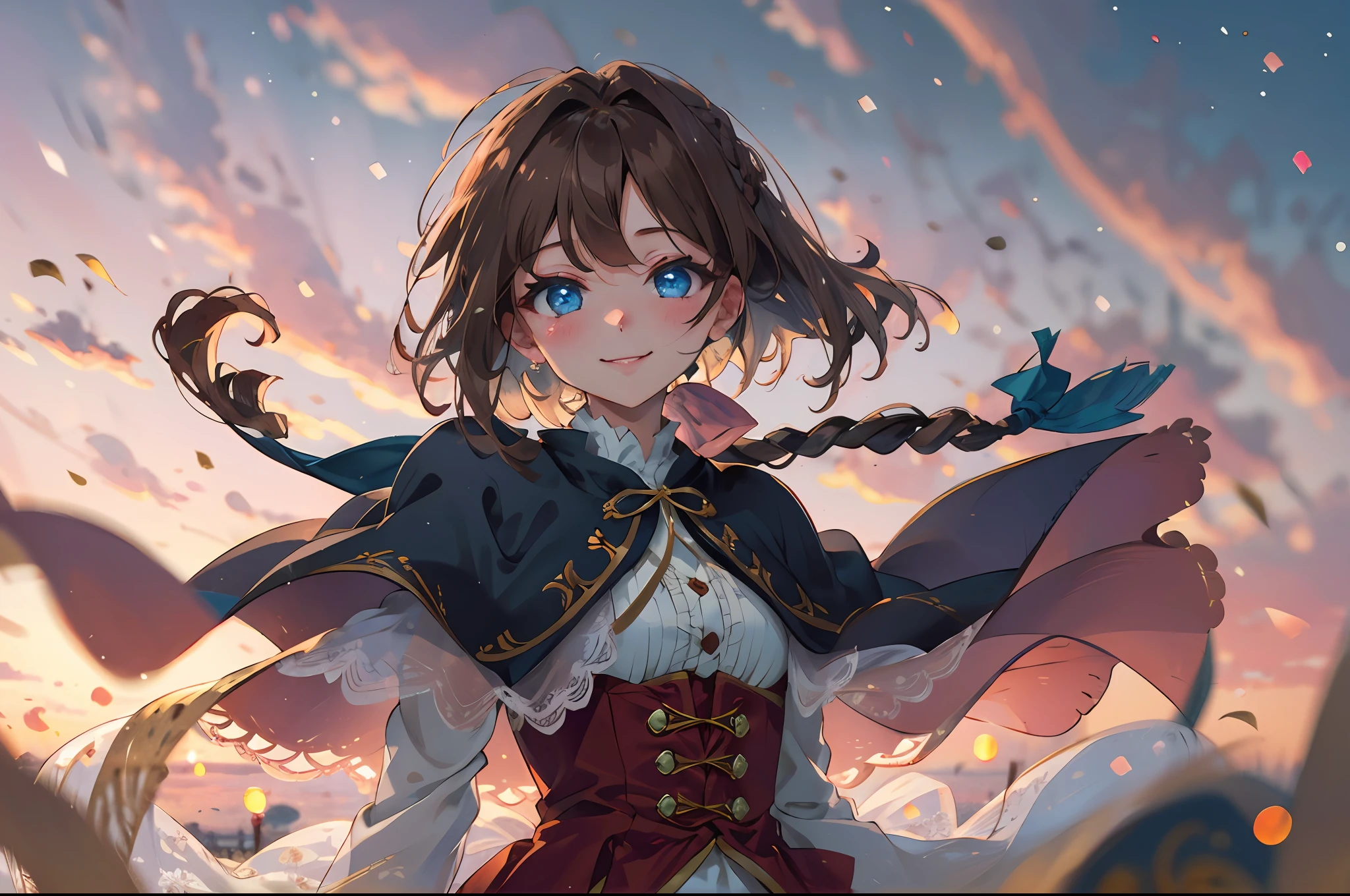 best quality, masterpiece, extremely detailed, 1girl, solo, brown hair, blue eyes, braid, long hair, wavy hair, fluffy hair, ponytail, french braid, blush, smile, capelet, lace trim, bodice, dusk, wind blow, looking at viewer, depth of field, bokeh, detailed eyes, face close up, short hair,