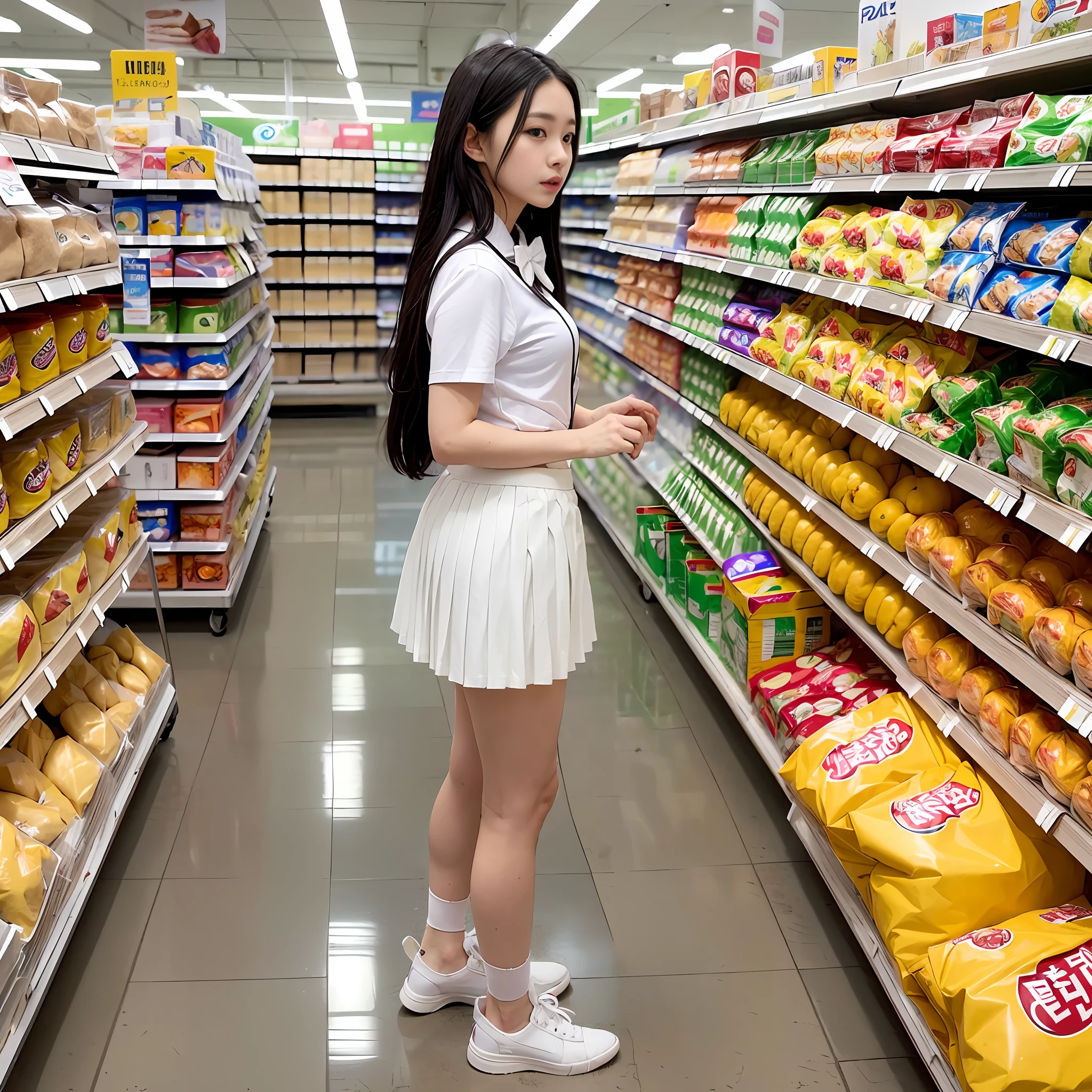 (1lady, Whole full body,from side), Long black hair,(white shirt),(white Short skirt ,Pleated skirt:1.4), bow tie, Walk in the supermarket,Pushing the shopping cart