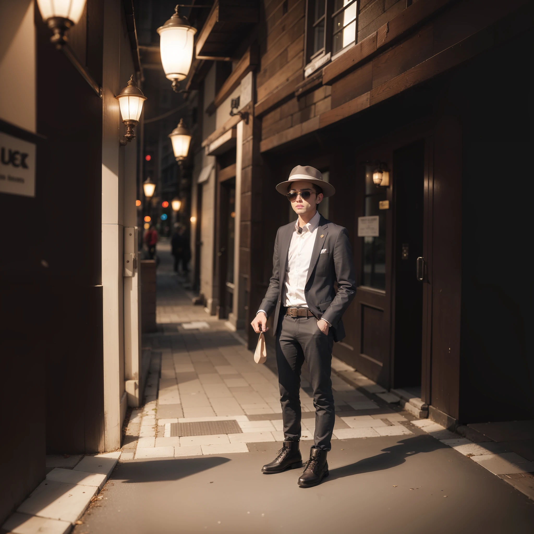 The Masterpiece,absurdress,high qualit,photorealestic,1boy,European,Long wavy hair,standup,looks at the viewer,Three-piece,Oxford lace-up boots,Newsboy hat,stand-up collared shirt,Heavy coat,Street alleys,street lanterns,night,20 megapixels,detailded,movie grain,Round sunglasses
