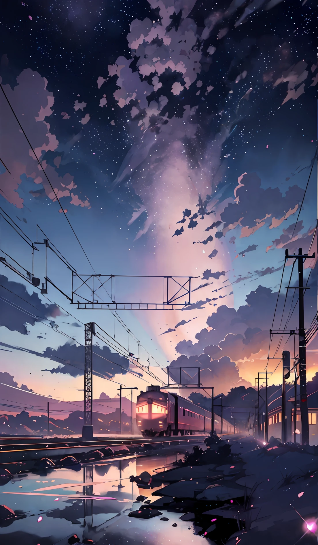 anime scene of a train passing under a pink and purple sky, an anime drawing by Makoto Shinkai, trending on pixiv, magical realism, beautiful anime scene, cosmic skies. by makoto shinkai, ( ( makoto shinkai ) ), by makoto shinkai, anime background art, style of makoto shinkai
