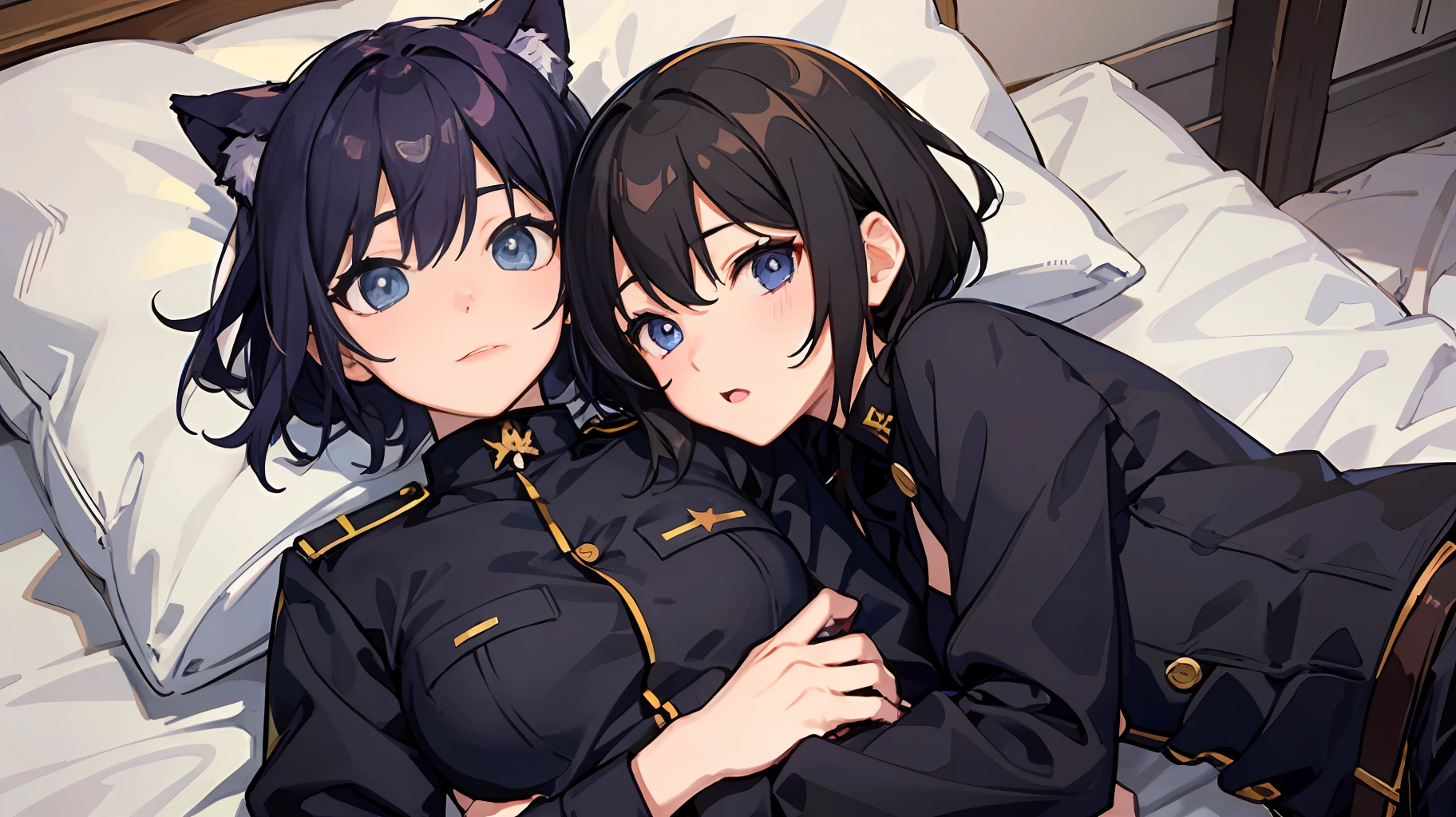 2 girls、 {{masterece-piece}}, {{{best qualiy}}}, {{Ultra Verbose}}, , Short Hair,Purple eyes,navy hair、military outfit、Lie down and hug each other、{{masterece-piece}}, short wavy hair, Black Hair, black cat ear, Blue eyes、military outfit、Lie down and hug each other、Background on bed