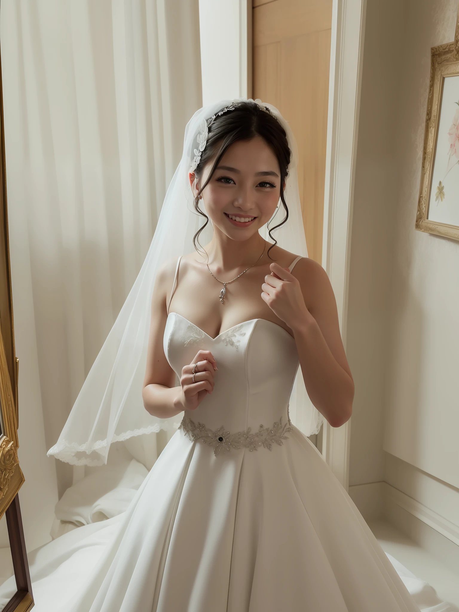 ((Quality words))、((Painting style))、wedding dress、Smile expression、Uniform and accurate hands