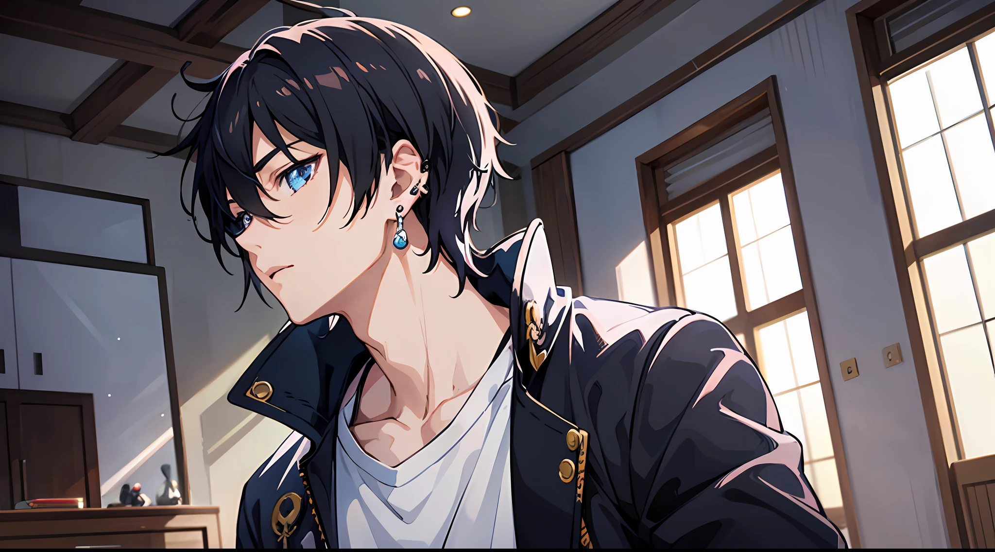 Anime character in white T-shirt standing in the living room of the villa,Tall anime man with blue eyes,young anime man,Anime handsome man,Anime portrait of a handsome man,Anime moe art style,Male anime style,inspired by Okumura Masanobu,male anime character,Anime boys,High quality anime art style,Handsome anime pose,Smooth anime CG art,with short black hair,Black stud earrings,surprised,The time is in the evening,moon light