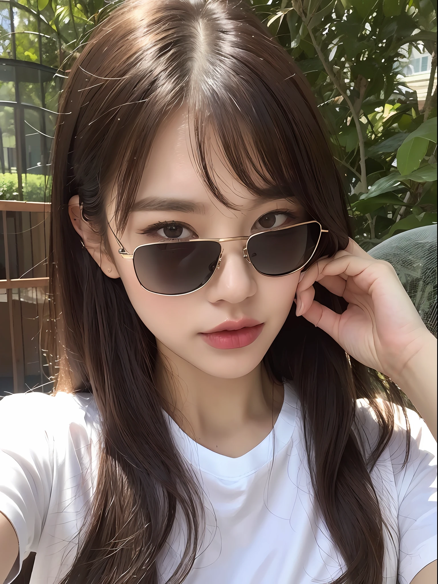 ((, Need, 8K, master-piece:1.3)), 1 female，Upper Bust，Selfies，Focalors:1.2, Perfect body beauty:1.4,  ((Dark brown hair )), (White loose T-shirt，Sit:1.2), ((out door:1.3)), Black sunglasses，summertime，Exposure，Highly detailed facial and skin texture, detailed eye, Double eyelid