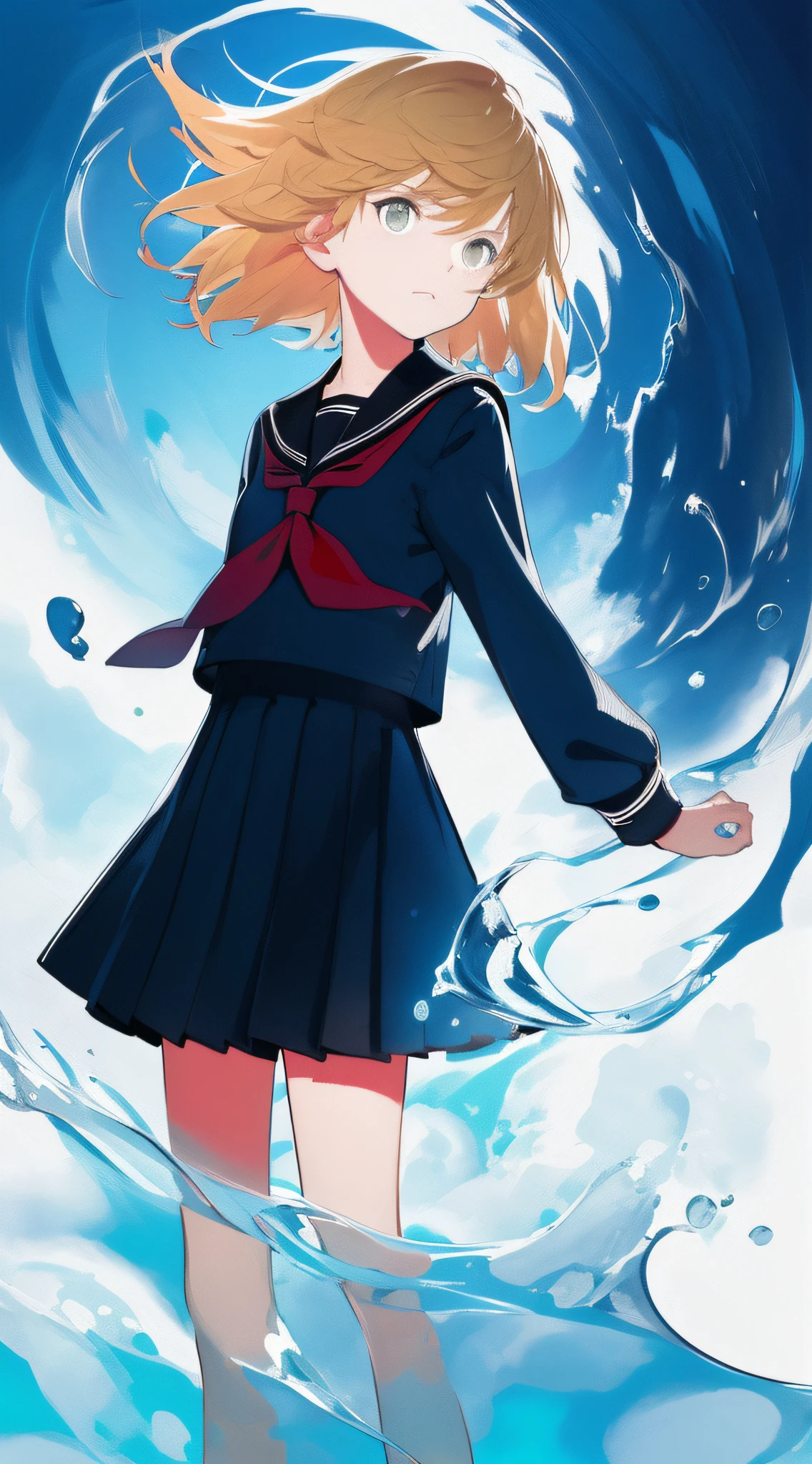(masterpiece, best quality:1.3), (flat color:1.3),(colorful:1.3),looking at viewer,1girl,solo,floating colorful water, (blonde hair:1.4, short hair), serafuku:1.4