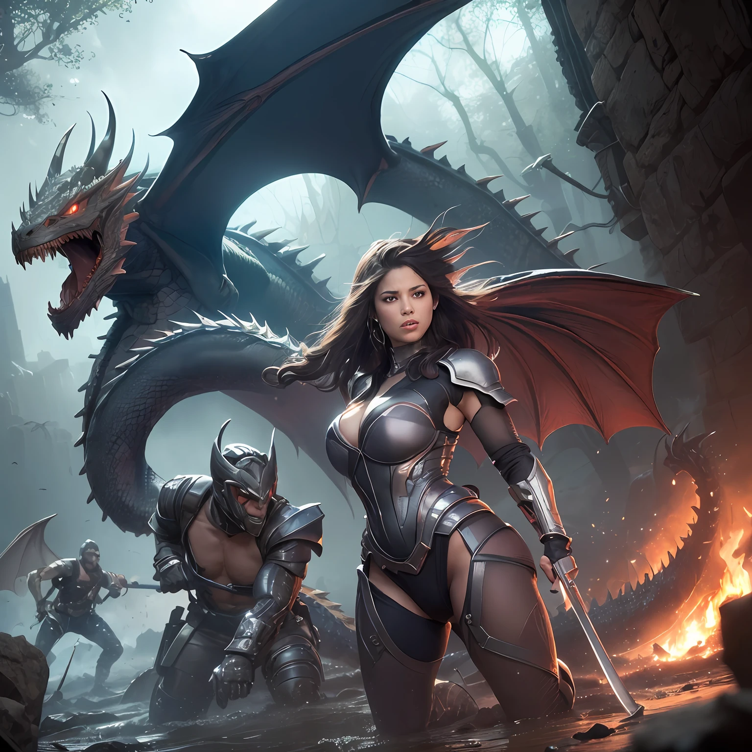 ((in the style of Boris Vallejo)), in a futuristic jungle with rapids and cascades, ((Beautiful, gorgeous, cyborg women and Cyborg tigers, stand tall, looking in the eyes of the enemies and holding each other in fierce battle wielding swords and guns, face to face against an army of cyborg Dragons. they have thunder blades and attack at each other. They manage to attack the big fortress and kill many dragons. there are bodies lay down everywhere )) . Art Tindall effect, exquisite facial features, blush, rosy lips, real skin texture, glowing skin, extremely detailed body 8k wallpaper, extremely detailed fingers, combat pose, perfect eyes, ((extremely high res, )), (extremely delicate and beautiful), (realistic photo, photo-realistic), cinematic light, intricate details, enhanced lighting, vibrant colors, sharp focus, extremely detailed cg unity 8k wallpaper, high detail, photorealistic painting art by greg rutkowski, matte, bryan organ, highly detailed, cinematic lighting, high quality, high res, highly detailed.