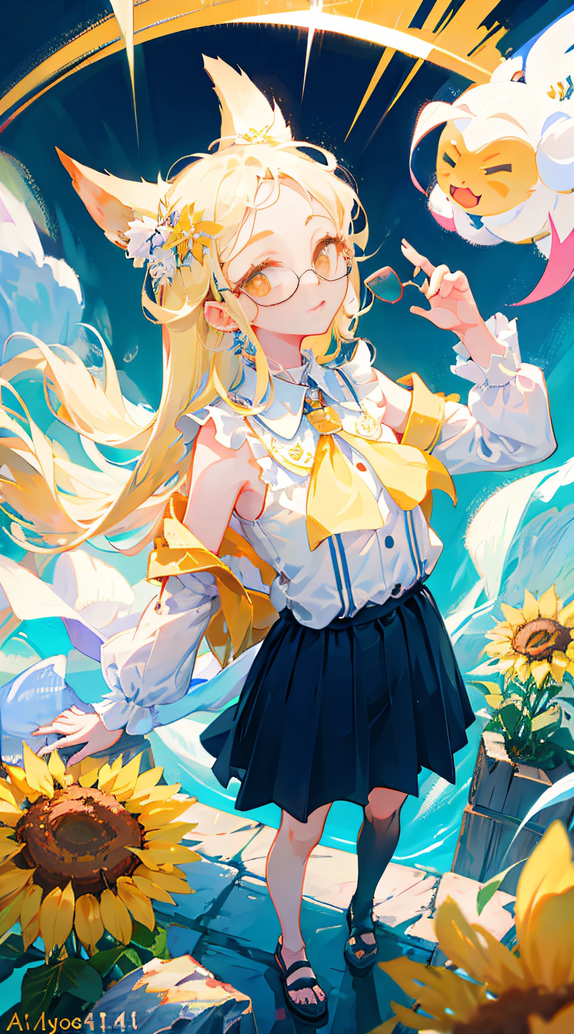 Best quality, super high resolution, (realism: 1.4), 1 female, sleeveless white button-down shirt, black skirt, black collar, ((glasses)), (Kpop idol), (aegyo sal: 1), (platinum blonde: 1), ((puffy eyes)), looking at viewer, full body, flowers