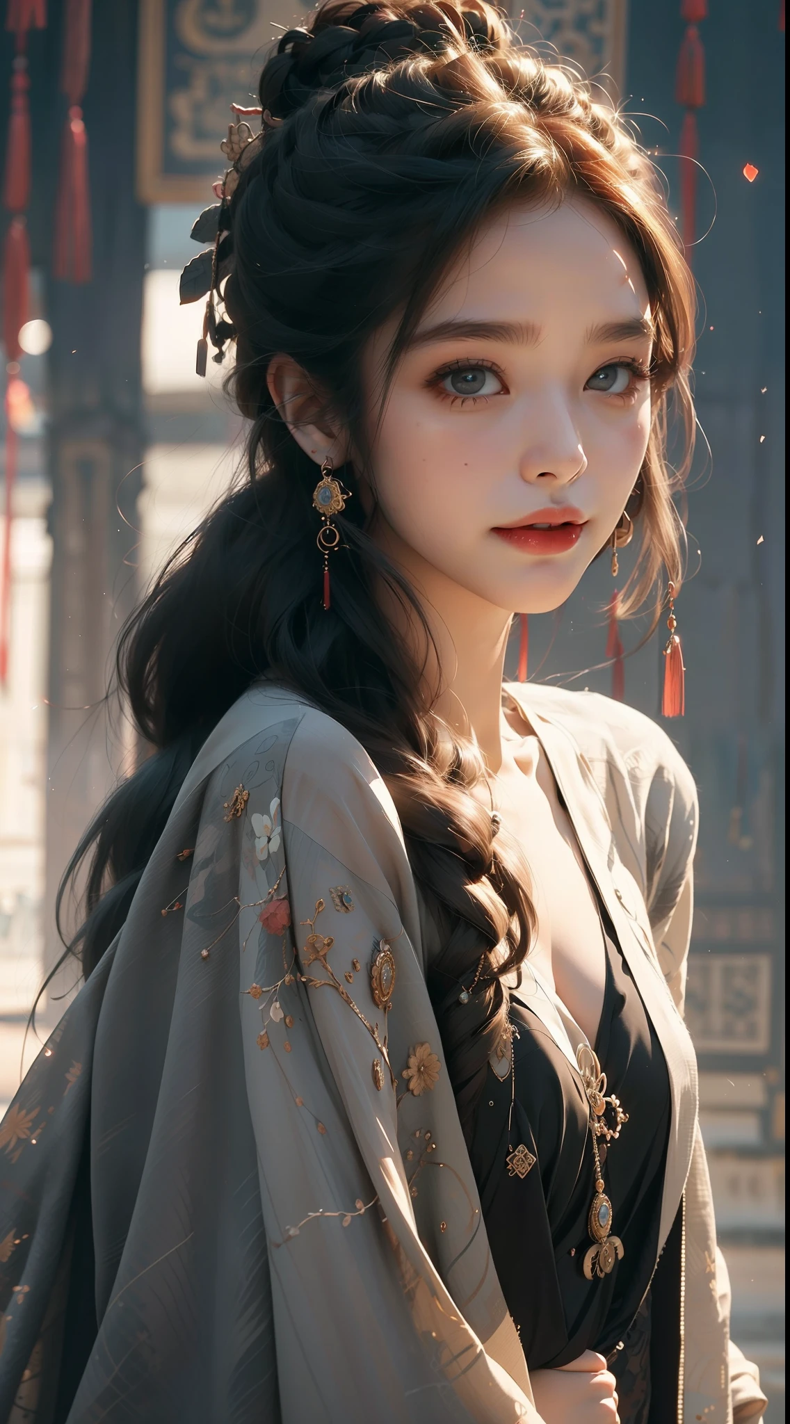 To be or not to be,It's a question official art,统一 8k 壁纸,hyper detailed,Beauty and aesthetics,The Masterpiece,best qulity,Lifelike,(zentangle,a Mandala,Tangles,entangled),Medieval Tang Dynasty beauty,Complex clothes,hime cut, Black hair, upturned eyes, pupils sparkling, long eyelash,seductive smile,Extremely-Detailed,dynamicangle,The most beautiful form of chaos,elegantly,Fauvistdesign,bright color,Romanticism zhongfenghua
