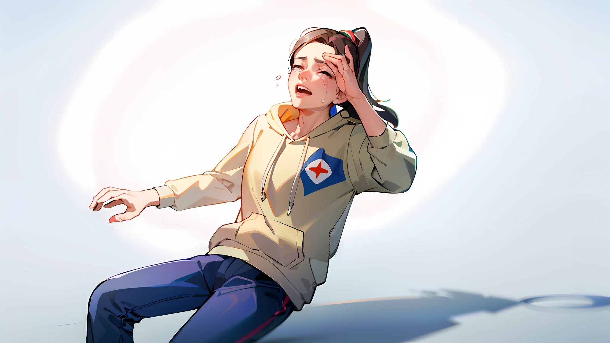 cartoon of a woman in a blue hoodie is sitting on a skateboard, crying and reaching with her arm, Her face flushed，be sweaty, she expressing joy, the anime girl is crouching, portrait of female korean idol, 2D illustration, 2 d illustration, she is dancing. Realistic, distorted pose, cartoon style illustration, High-quality fanart, woman very tired，High Accuracy，high qualit，high detaild，The Masterpiece，8K分辨率