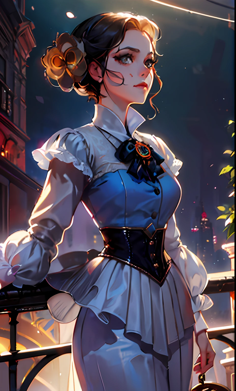 there is a woman in a white dress standing on a balcony, cushart krenz key art feminine, lofi bioshock steampunk portrait, lofi steampunk bioshock portrait, inspired by Adélaïde Victoire Hall, epic portrait illustration, neoartcore and charlie bowater, artgerm and atey ghailan, jen bartel, waist up portrait