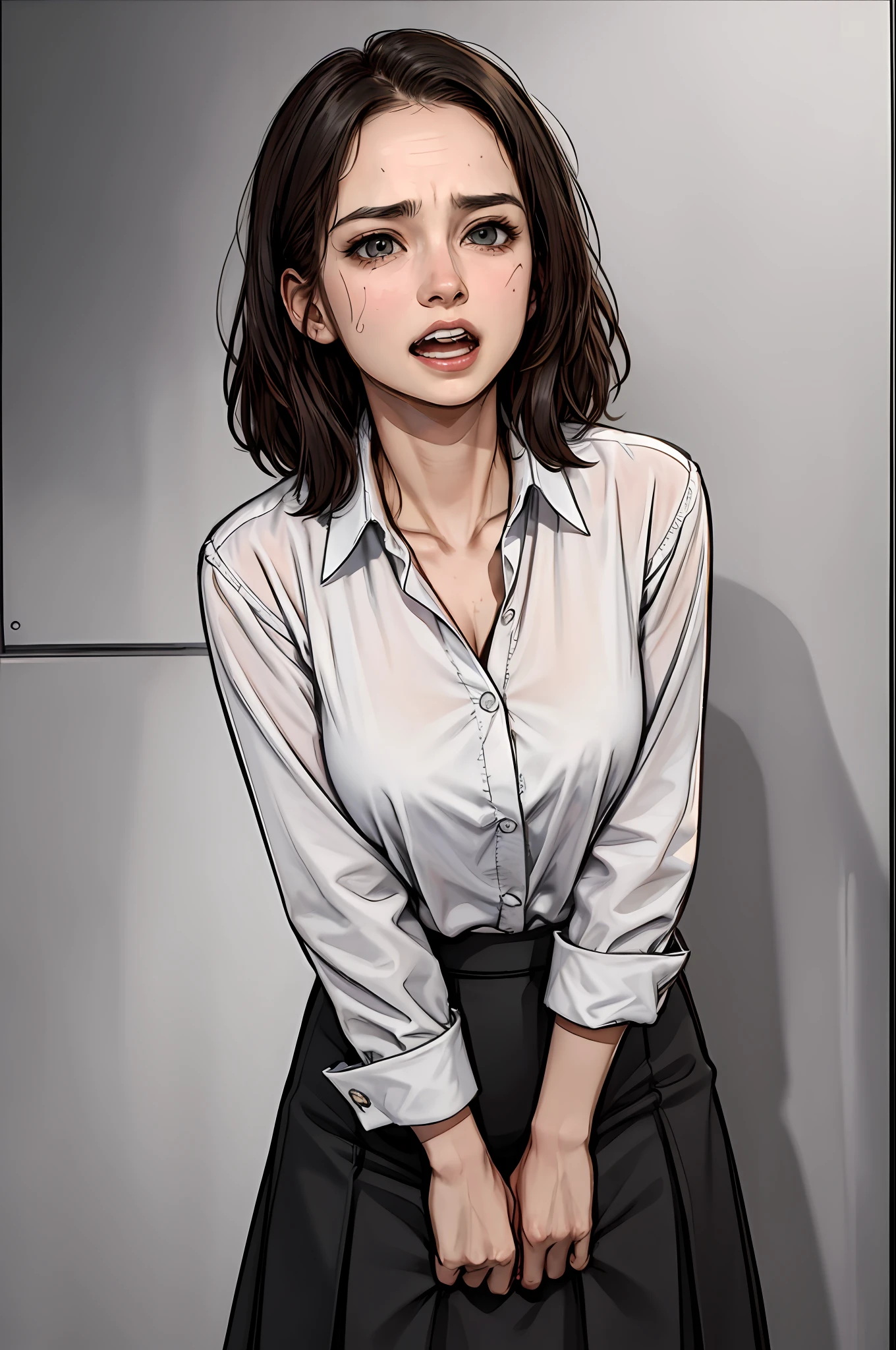 masterpiece, best quality, highres, 1girl, urgetopee, white shirt, plated skirt, hips, beautiful face , street, solo, ultra detailed face, clenched teeth, scared, sweat