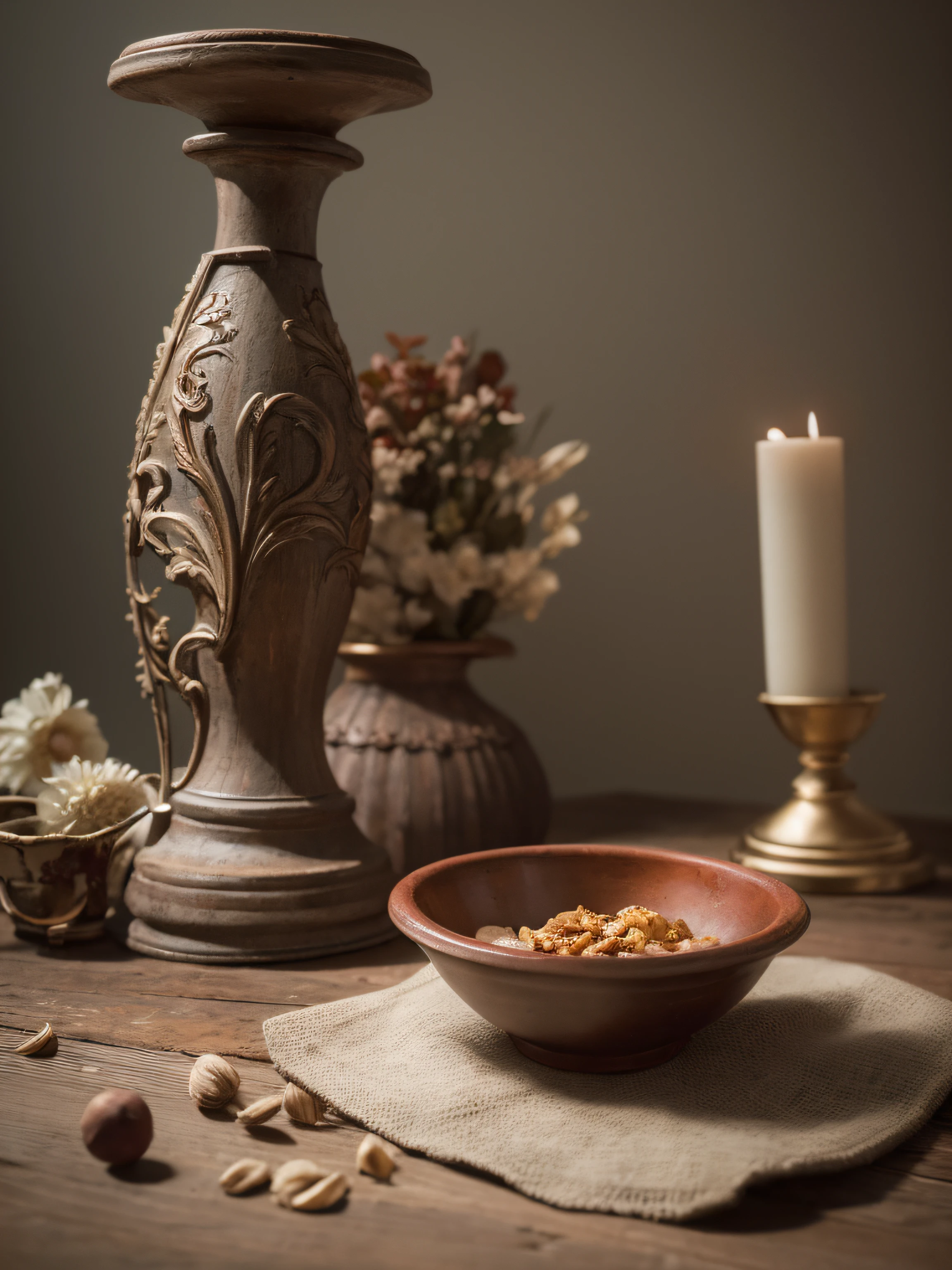 close up photo of a Stradivari violin, a 18th century sword, a bowl of fruit, a candlestick are on an old wooden table, withering flowers all around, ((objects in realistic scale)), in the background 18th century Baroque castle room environment, antique furnitures, draperies, darkened room, soft candle light, RAW, analog style, cinematic lighting, contrast lighting, dslr, photorealistic, hyperrealistic, neutral colors, lifelike texture, insanely intricate details, amazing fine detail, hyper detailed, film grain, sharp focus, volumetric fog 8k, ultra high res, photographed with Nikon d5600 f5.6 lens 500mm, Kodak portra 400