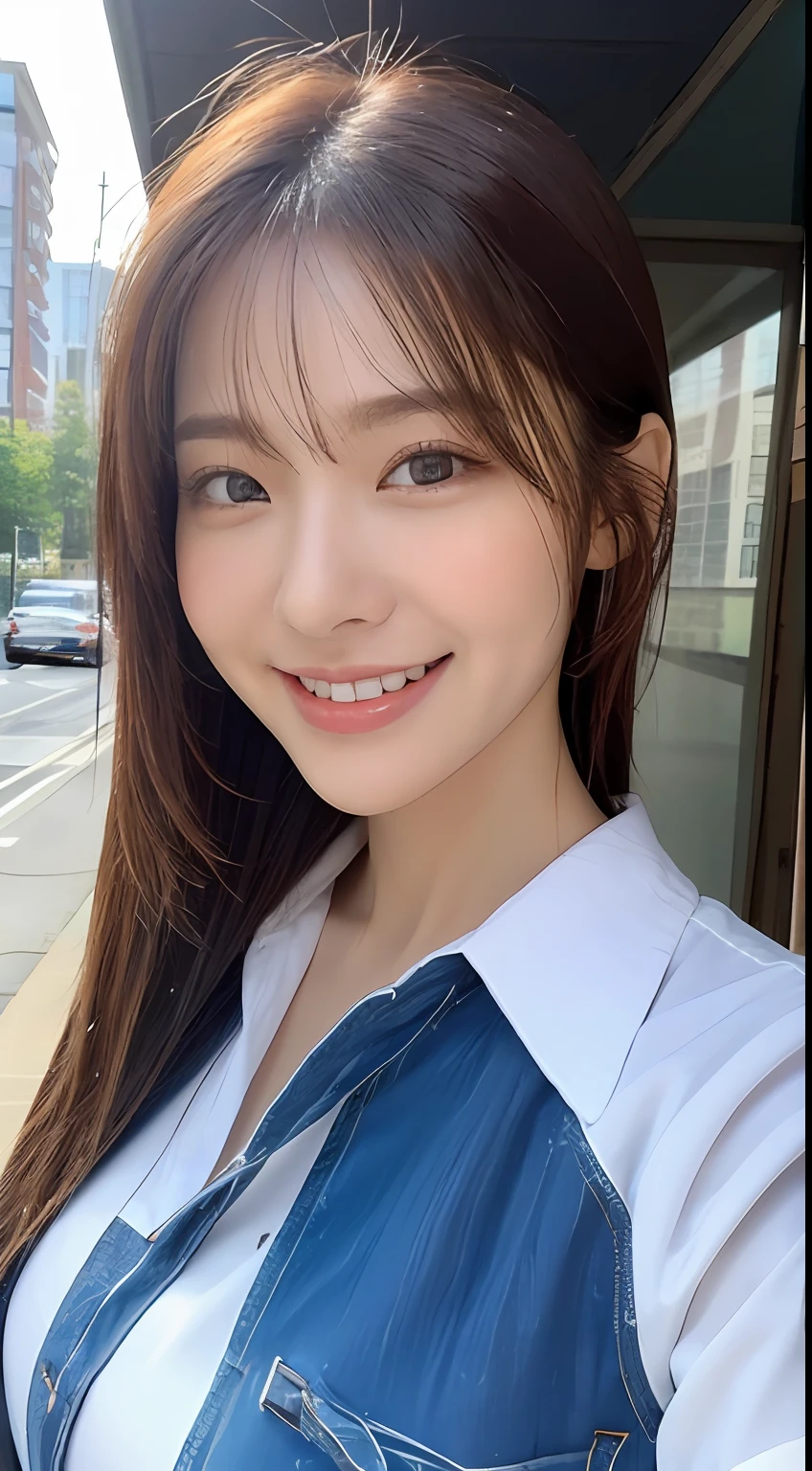 ((Top Quality, 8K, Masterpiece: 1.3)), Sharp Focus: 1.2, Beautiful Women in Perfect Shape: 1.4, Slim Abs: 1.2, (Layered Hairstyles: 1.2)), (Wet White Button Long Shirt: 1.3), Rain: 1.3, Street: 1.2, Wet Body: 1.1, Highly Detailed Face and Skin Texture, Detailed Eyes, Double Eyelids, Big, Smile, Raw Photo