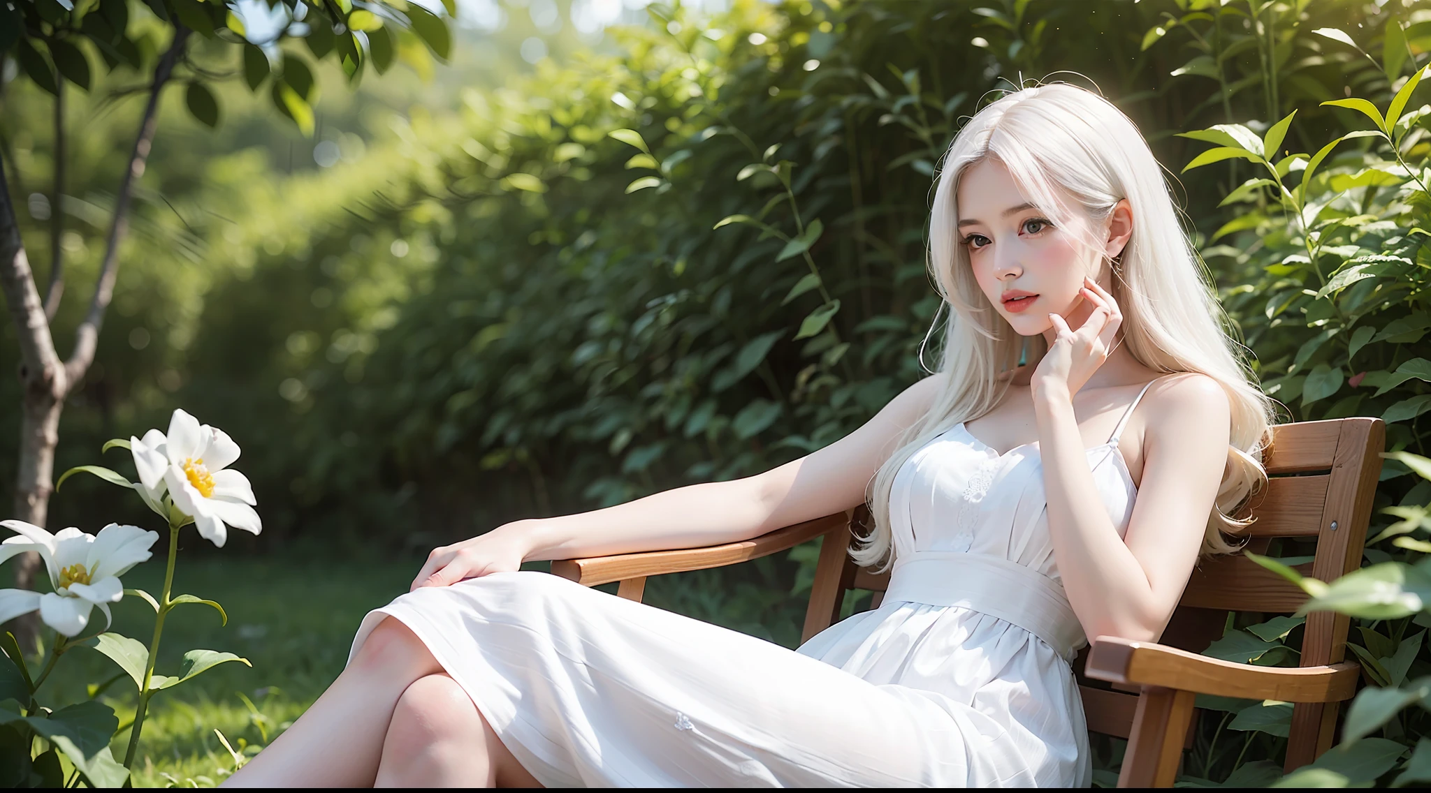 (masterpiece, best quality),1girl with long white hair sitting in a field of green plants and flowers, her hand under her chin, warm lighting, white dress, blurry foreground