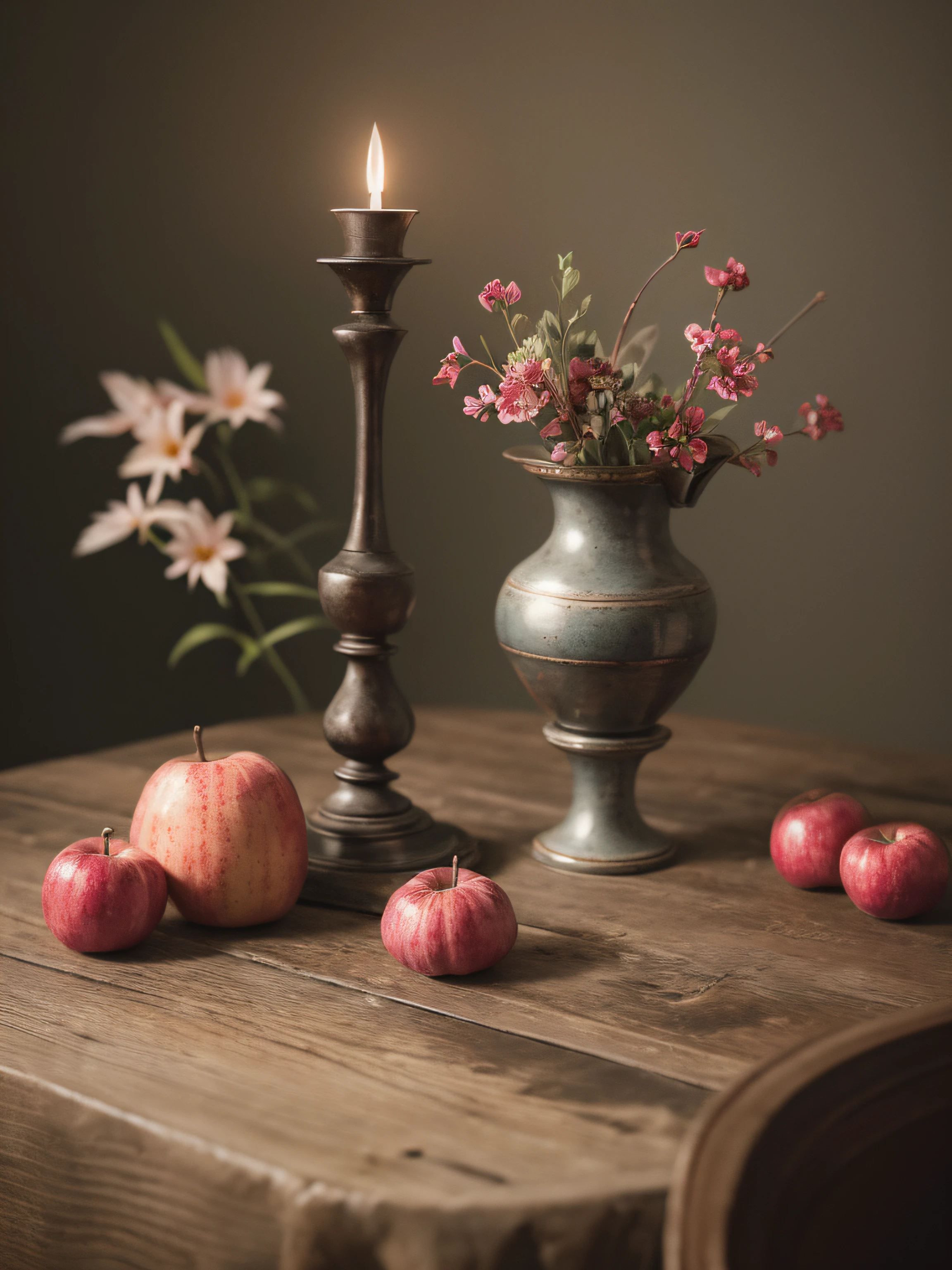 close up photo of a Stradivari violin, a 18th century sword, a bowl of fruit, a candlestick are on an old wooden table, withering flowers all around, ((objects in realistic scale)), in the background 18th century Baroque castle room environment, antique furnitures, draperies, darkened room, soft candle light, RAW, analog style, cinematic lighting, contrast lighting, dslr, photorealistic, hyperrealistic, neutral colors, lifelike texture, insanely intricate details, amazing fine detail, hyper detailed, film grain, sharp focus, volumetric fog 8k, ultra high res, photographed with Nikon d5600 f5.6 lens 500mm, Kodak portra 400