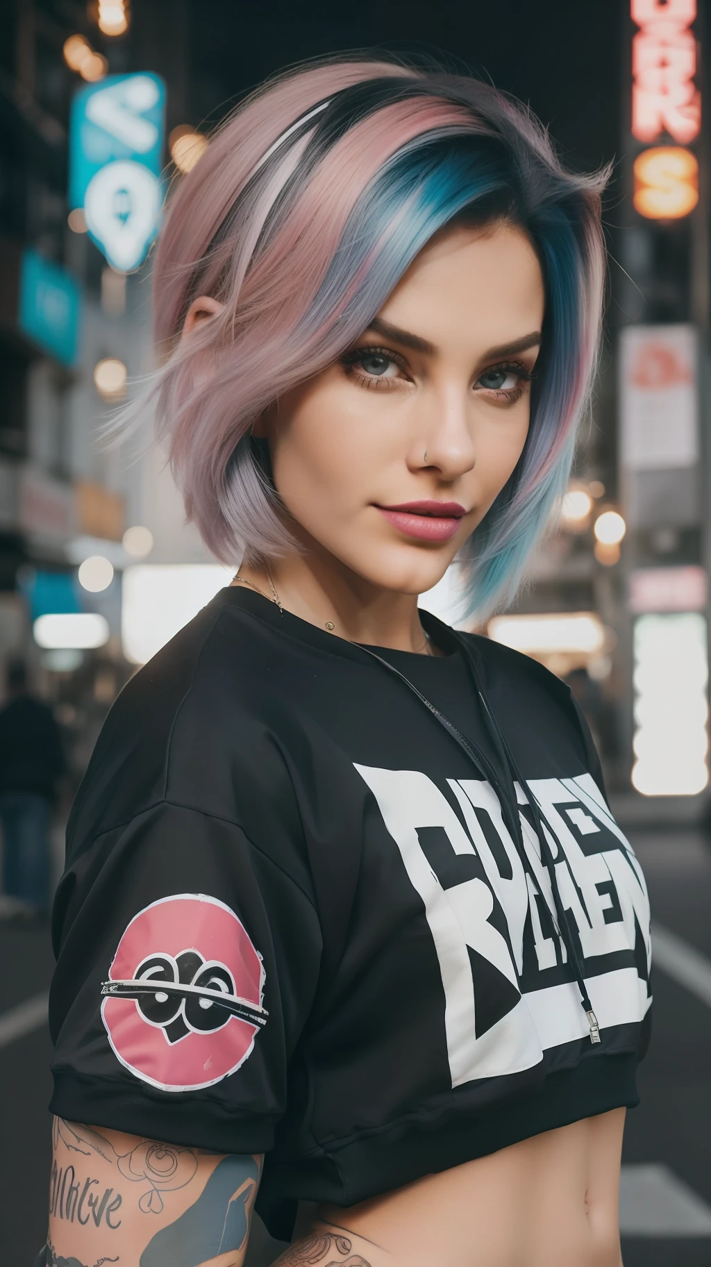 Um retrato de rosto realista de uma mulher e-girl em um ambiente urbano. She's in a confident posture, with a direct look at the camera and a subtle smile on his pink painted lips. Her hair is dyed pink and blue, com um estilo punk e moderno. She's wearing a black and white sweatshirt with neon accents, combinando com sua maquiagem vibrante. The background is a busy street of a big city, with neon lights and graffiti that add a sense of contemporaneity and energy. Photography is in color, with a warm and vibrant tone that enhances the urban atmosphere. The e-girl woman is portrayed in detail, with shadows and lights that create a sense of depth and realism. The expression on his face conveys a sense of self-confidence and independence. Tudo em conjunto, creates a sense of rebellion, modernity and a universe of aesthetic and cultural possibilities. The image is useful for artists and designers looking for inspiration in modern and contemporary styles.