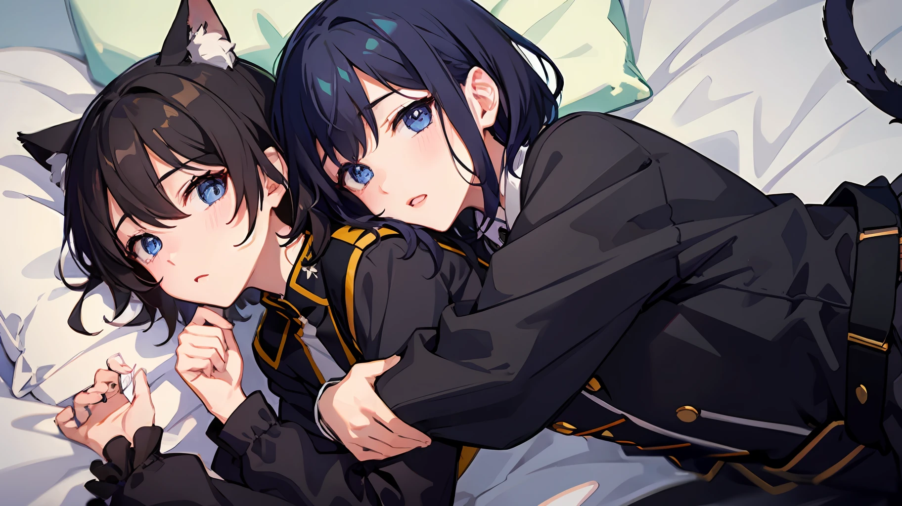 2 girls、 {{masterece-piece}}, {{{best qualiy}}}, {{Ultra Verbose}}, , Short Hair,Purple eyes,navy hair、military outfit、Lie down and hug each other、{{masterece-piece}}, short wavy hair, Black Hair, black cat ear, Blue eyes、military outfit、Lie down and hug each other、Background on bed