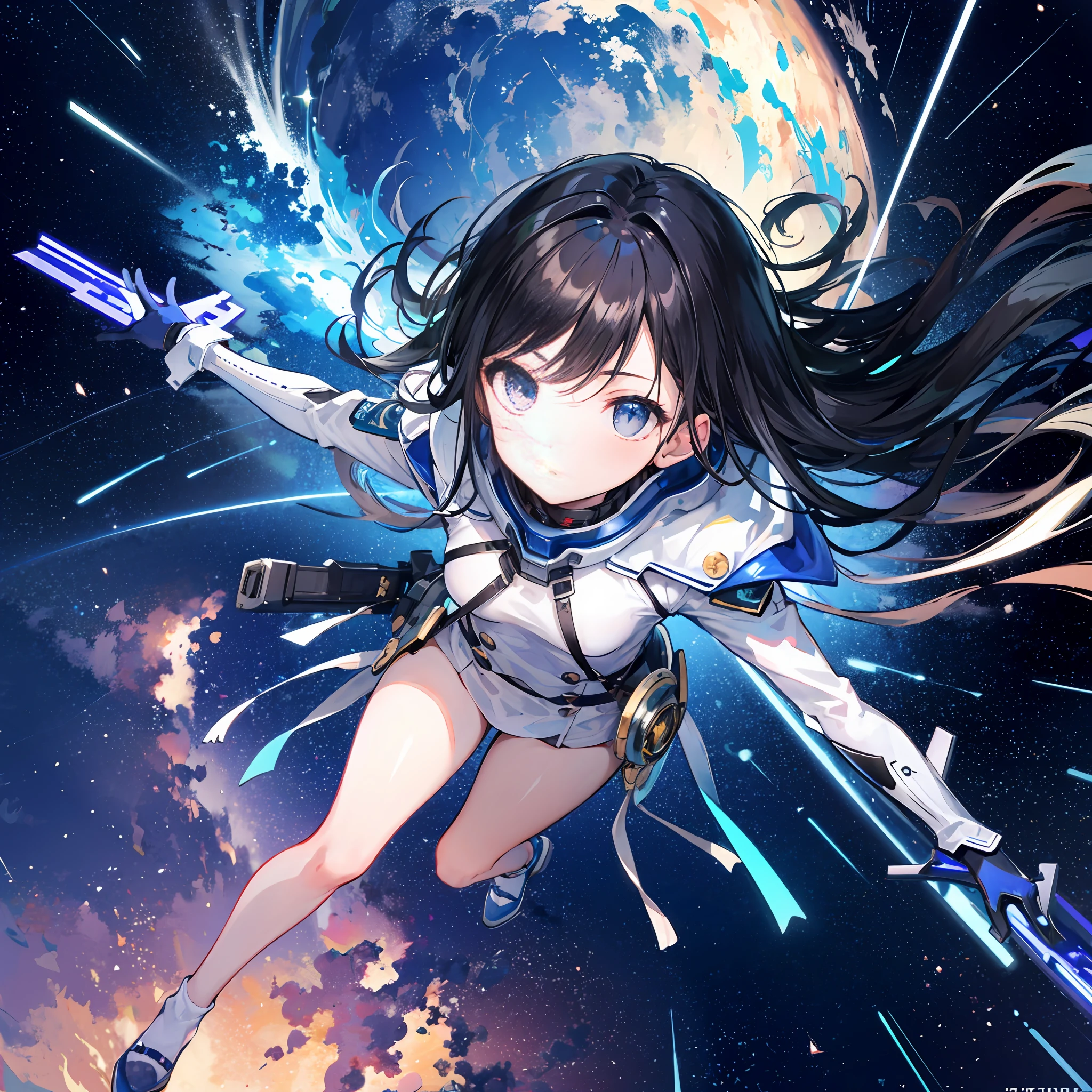 Masterpiece, (best lighting, very delicate and beautiful), (beautiful detailed face), (detailed eyes and detailed face: 1.2), highest quality, ultra-high resolution, ultra-luxury illustration, fantasy art, one girl, 15 years old, slim full body, small, black hair, interstellar fighter like glass, dynamic angle, long shot, many space battleships, space war, interstellar war, Beams, colorful rays, explosions, stars and galaxies with lights in the air
