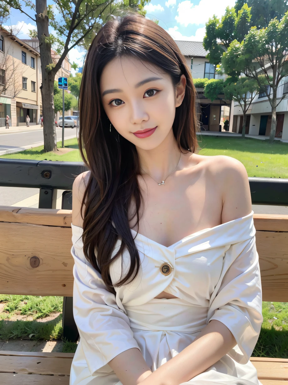 ,masterpiece, best quality,8k, ultra highres,(beautifull eyes), ((Medium view,Upper Bust:1.5)),Late afternoon,The sun shines obliquely on the streets of the city,Adds color to everything。The gentle goddess sits on a park bench,She gazed gently at the children chasing and playing。She smiled,Bless them with tender eyes,It conveys the warmth of motherly love,Like a light that never fades。