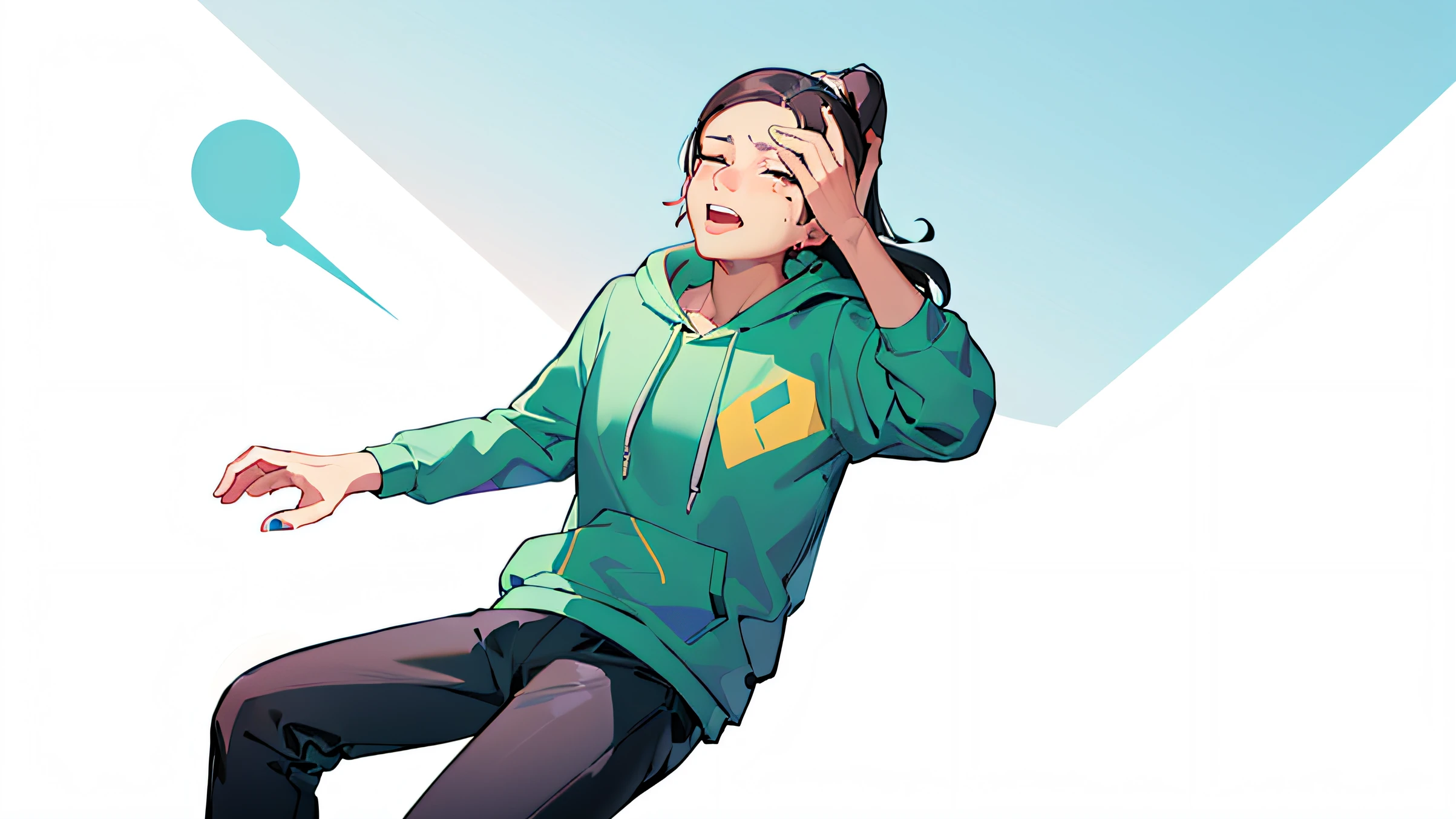 cartoon of a woman in a blue hoodie is sitting on a skateboard, crying and reaching with her arm, Her face flushed，be sweaty, she expressing joy, the anime girl is crouching, portrait of female korean idol, 2D illustration, 2 d illustration, she is dancing. Realistic, distorted pose, cartoon style illustration, High-quality fanart, woman very tired，High Accuracy，high qualit，high detaild，The Masterpiece，8K分辨率