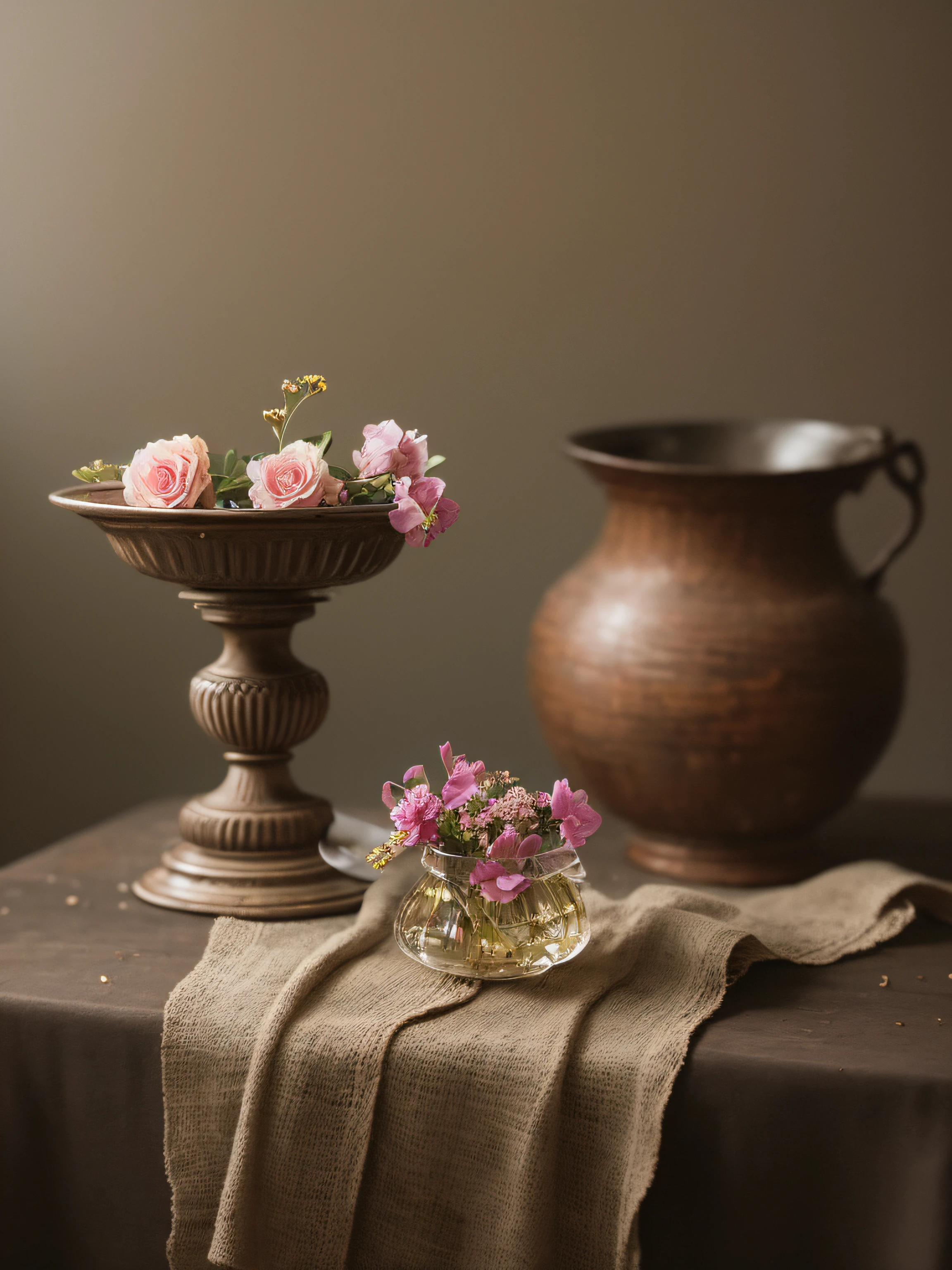 close up photo of a Stradivari violin, a 18th century sword, a bowl of fruit, a candlestick are on an old wooden table, withering flowers all around, ((objects in realistic scale)), in the background 18th century Baroque castle room environment, antique furnitures, draperies, darkened room, soft candle light, RAW, analog style, cinematic lighting, contrast lighting, dslr, photorealistic, hyperrealistic, neutral colors, lifelike texture, insanely intricate details, amazing fine detail, hyper detailed, film grain, sharp focus, volumetric fog 8k, ultra high res, photographed with Nikon d5600 f5.6 lens 500mm, Kodak portra 400