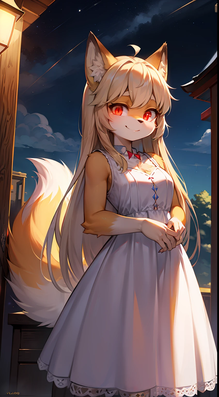 girl fox，was hairy，shaggy，Golden fur，Golden yellow face fur,long  hair，Glowing eyes, Cinematic lighting, Sparkle, reflected light，Red eyes，Super cute face，Brown elements on fur，White dress，Shrine background，Beautiful lights and shadows，Ambient light，Ultra-fine fur，Volumetric light，Night,Clouds and stars in the sky,The sky outside is starry ,Meteor,natural day light，Smile with，Fluffy tail，