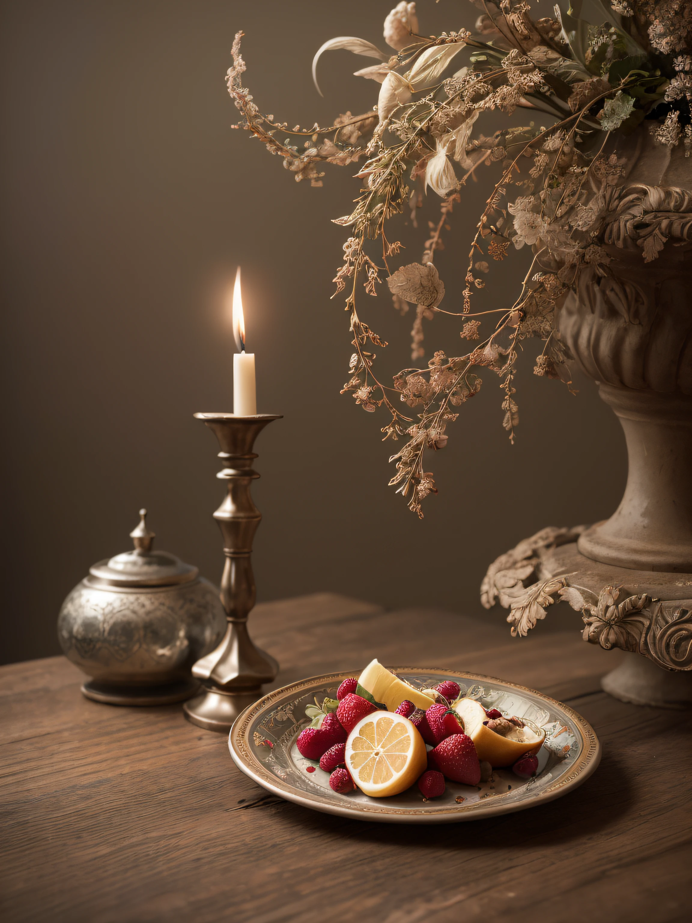close up photo of a Stradivari violin, a 18th century sword, a bowl of fruit, a candlestick are on an old wooden table, withering flowers all around, ((objects in realistic scale)), in the background 18th century Baroque castle room environment, antique furnitures, draperies, darkened room, soft candle light, RAW, analog style, cinematic lighting, contrast lighting, dslr, photorealistic, hyperrealistic, neutral colors, lifelike texture, insanely intricate details, amazing fine detail, hyper detailed, film grain, sharp focus, volumetric fog 8k, ultra high res, photographed with Nikon d5600 f5.6 lens 500mm, Kodak portra 400