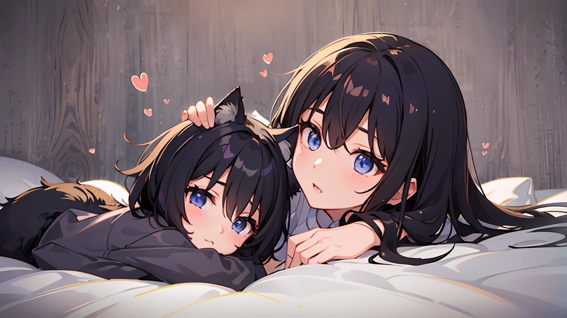 2 girls、 {{masterece-piece}}, {{{best qualiy}}}, {{Ultra Verbose}}, , Short Hair,Purple eyes,navy hair、Lie down and hug each other、{{masterece-piece}}, short wavy hair, Black Hair, black cat ear, Blue eyes、Lie down and hug each other、Background on bed