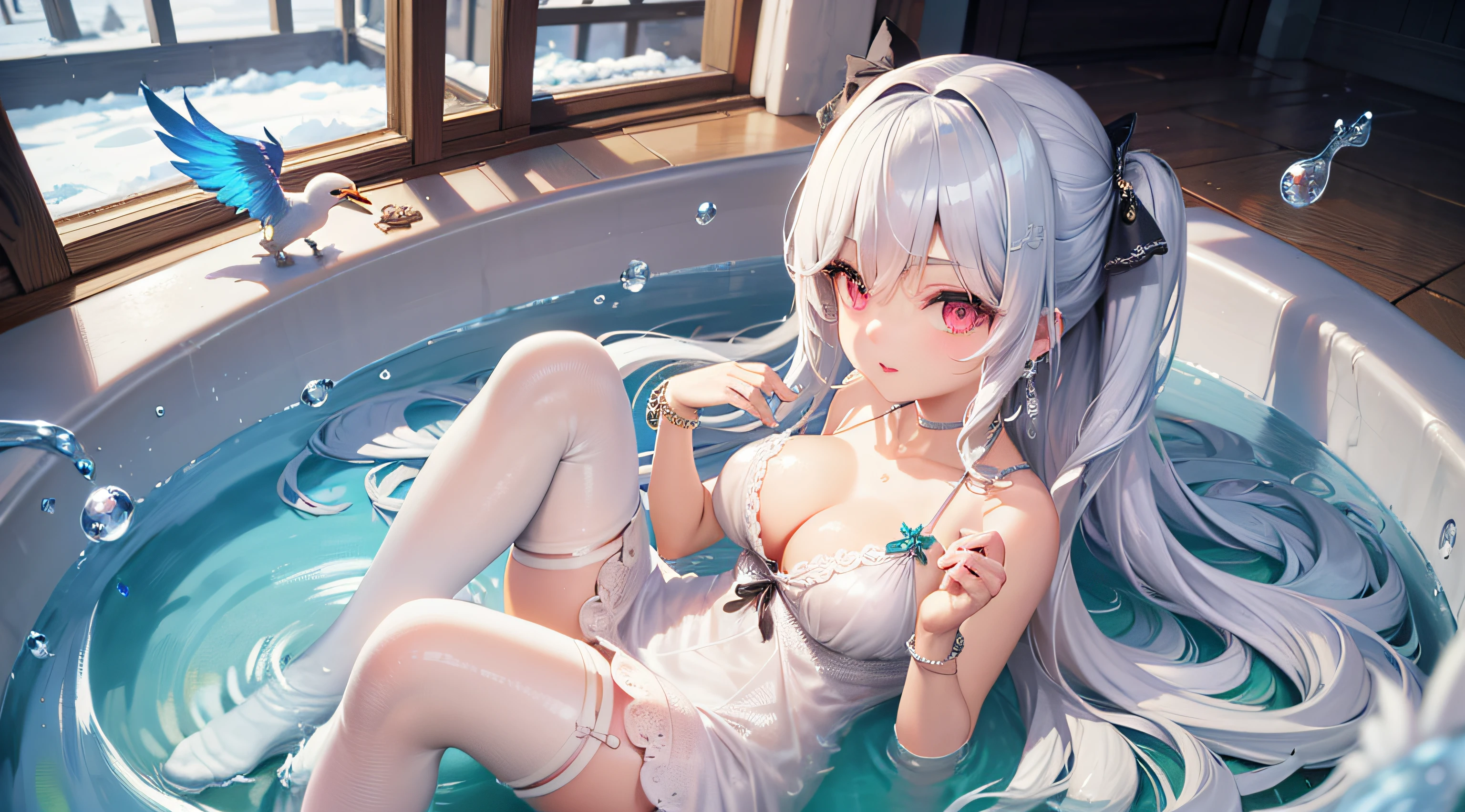 3D，4K，（Whole body part map），Wearing white translucent pantyhose，Lori,Height 153 cm，Golden vertical pupils，Majestic and lovely，Young，Big breasts loli，Round breasts，Cutes, Ultra Clear Anime - Style Girl in the Bathtub，The body is facing the audience，silver long hair，Scattered shawls neatly, Anime CG art of seductive anime loli, Guweiz on ArtStation Pixiv, guweiz on pixiv artstation, artwork in the style of guweiz, Detailed digital anime art, trending on artstation pixiv, Realistic anime loli rendering，Two small feet of 20 cm are exposed，Cute little short legs，(((petite li)))，(Young，immature，Cutes)，(((Height 153 cm)))，(big boob)，((Huge round breasts，No sagging，Very upturned))，She faces the observer，Children's face，（Big breasts are quite rounded，Quite upturned firmness），Lie in a bathtub filled with milk with your legs open，The chest faces the audience，Super high resolution，Lifelike，best qulity，wall paper，Overlooking，standing alone，no shoe，Snow-white skin，Perfect skin details，Smooth and delicate skin， （8K，animesexy，best qulity，skilled），（Photonic mapping，Radiometry，Physics-based rendering，automatic white balance），（Small but delicate），Long silver hair，Slim body，immature，Tender little long legs，Small feet of 20 cm，(((White nightdress)))，Wear white translucent ones-piece socks，The body is completely immersed in water，（fullbody pic），（Only the right ankle is inlaid with a jade bracelet）