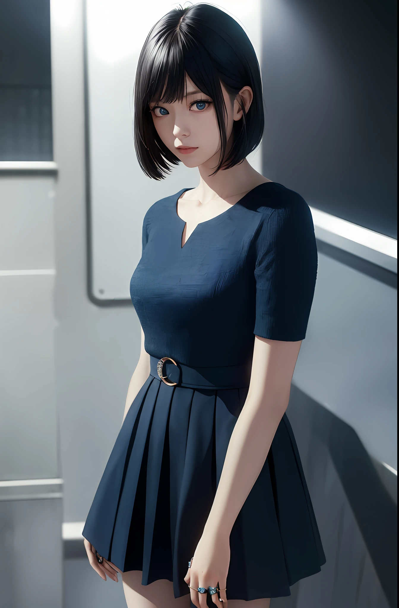 Masterpiece, (Photorealistic: 1.4), Top Quality, Beautiful Lighting, (ulzzang-6500:0.5), Makima (Chainsaw Man), (Bob Hair) + (Black Hair) + (Bangs), Blue Eyes, Blue Eyes, (((Ring Eyes)), (Flared Skirt), RAW Photography, 8k UHD, Film Grain