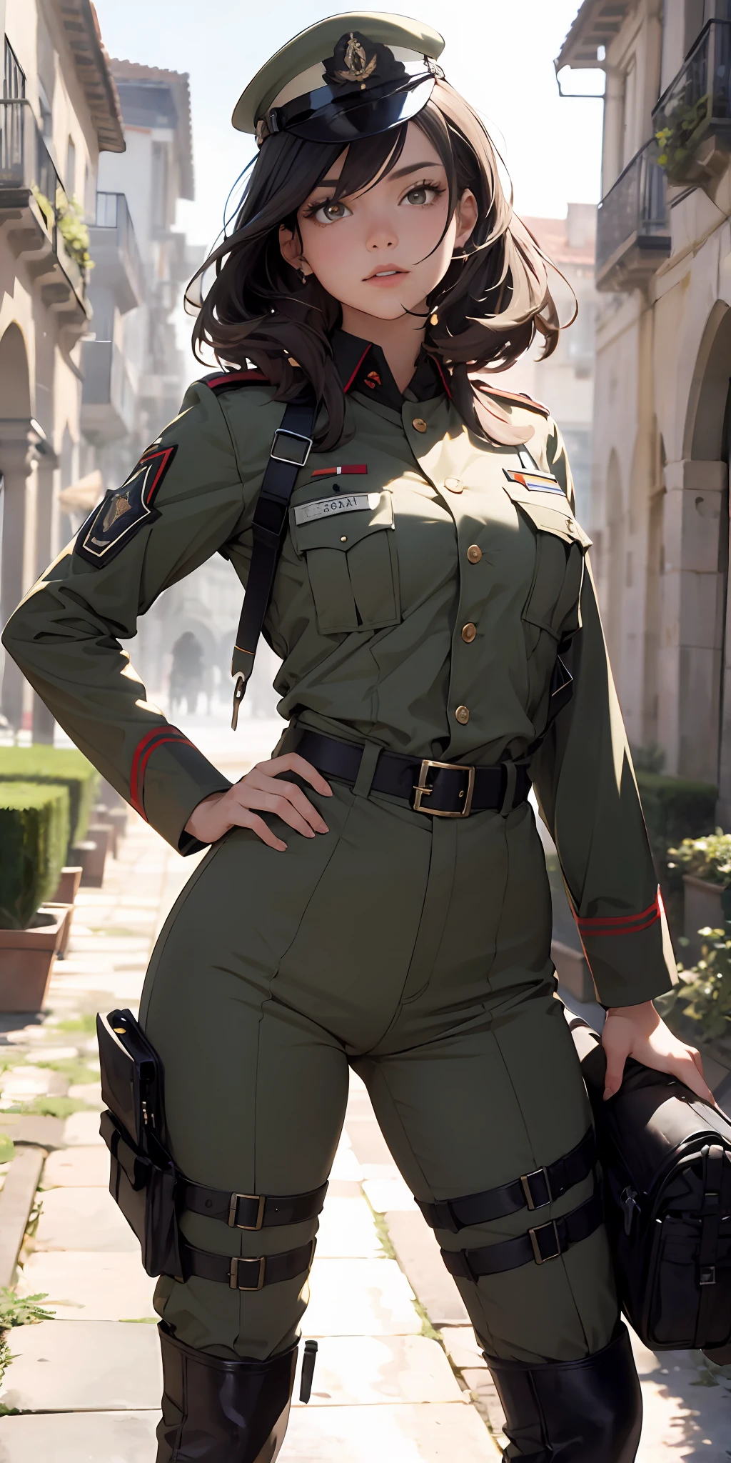 absurd resolution, Highresolution, (obra-prima:1.4), ultra-detalhada, 1Menina, em uniforme militar da segunda guerra mundial, campo de batalha,Pose sexy, camera perto do corpo, uniforme militar completo