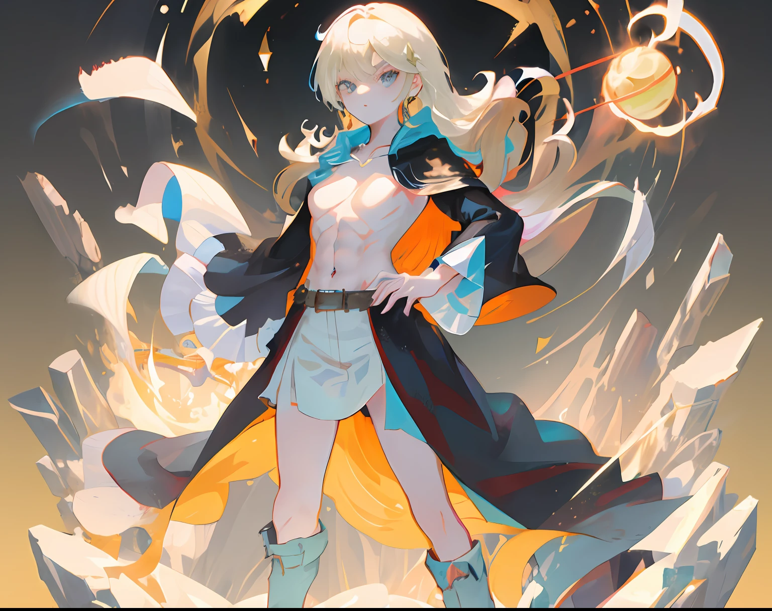 (With a proud stance and chiseled abs, the master wizard saunters forth, invitingly unbuttoning her cloak to reveal a toned chest with petite breasts.)